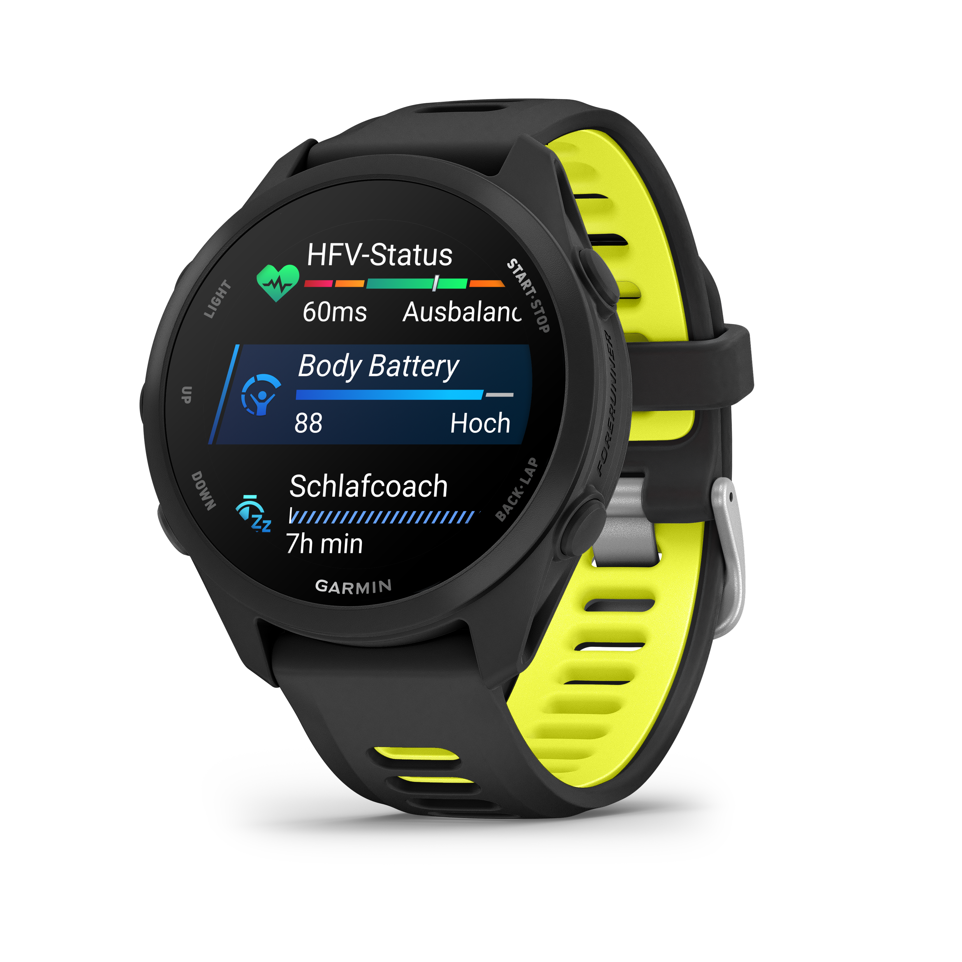Schwarze Garmin-Smartwatch mit gelbem Armband und Gesundheitsdaten auf dem Display.