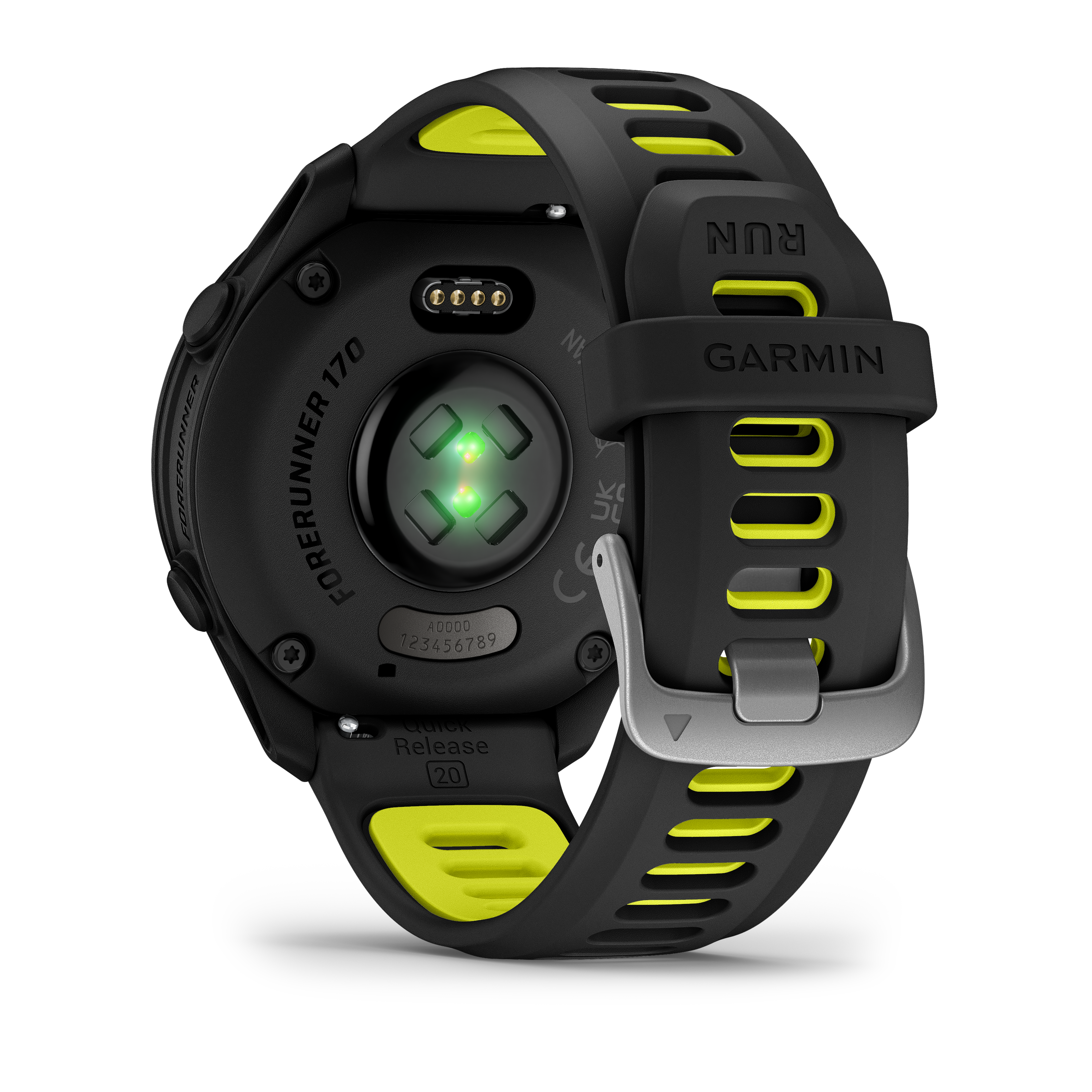 Schwarze Garmin Forerunner 170 Uhr mit gelben Akzenten und Herzfrequenzmesser.