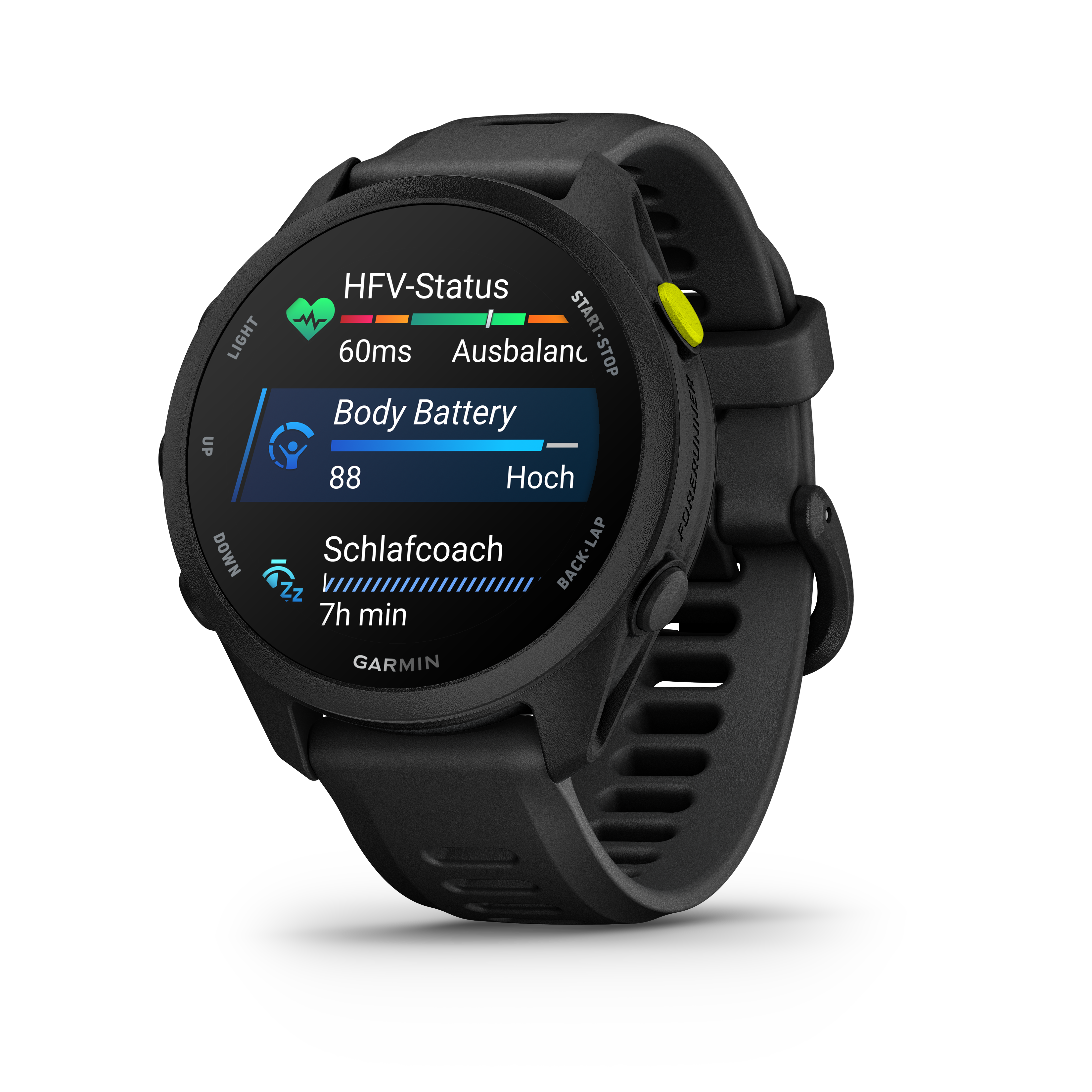 Eine schwarze Garmin-Sportuhr mit einem Bildschirm, der HFV-Status, Körperbatterie und Schlafcoach anzeigt.
