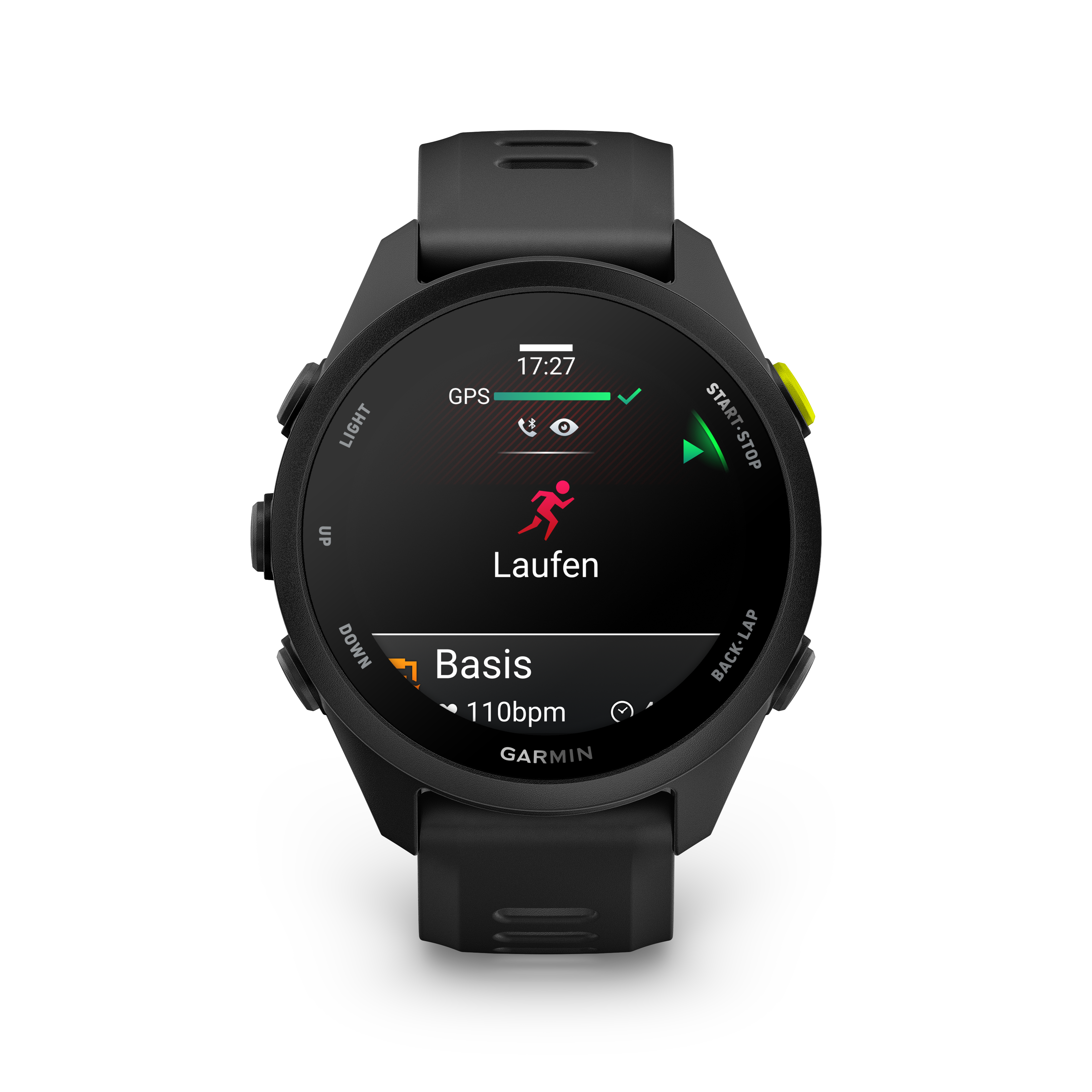 Schwarze Garmin-Uhr mit Laufbildschirm, Uhrzeit 17:27, GPS-Status und Herzfrequenz.