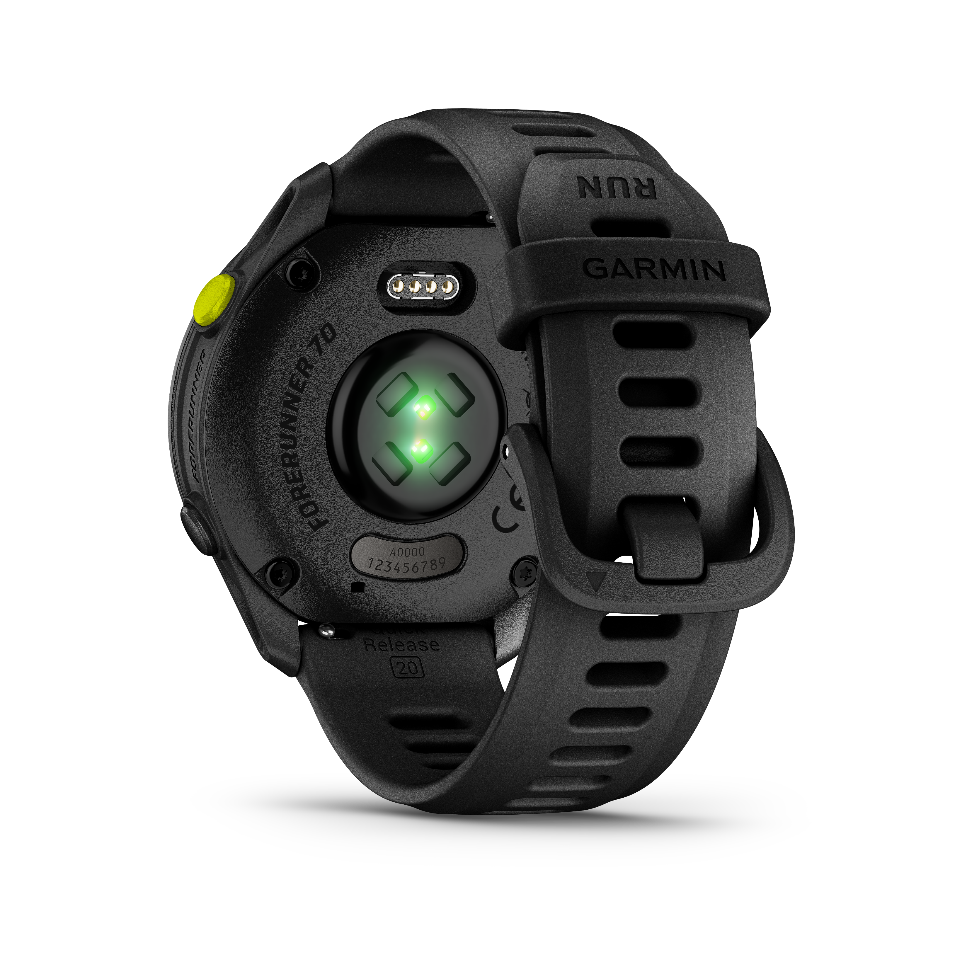 Schwarze Garmin Forerunner 70 Smartwatch mit Herzfrequenzsensor und gelbem Knopf.