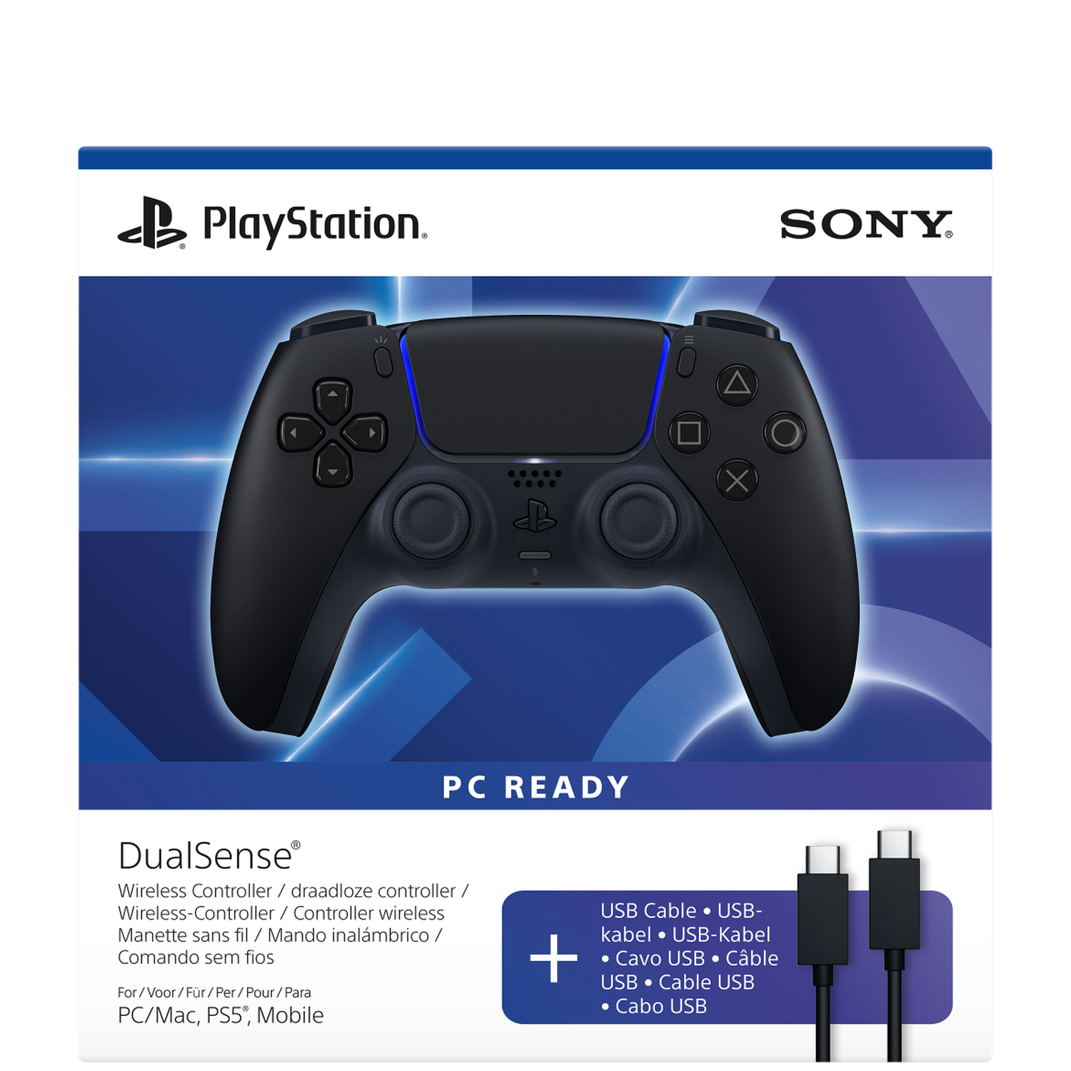 Black PlayStation DualSense controller with blue accents and USB cables.