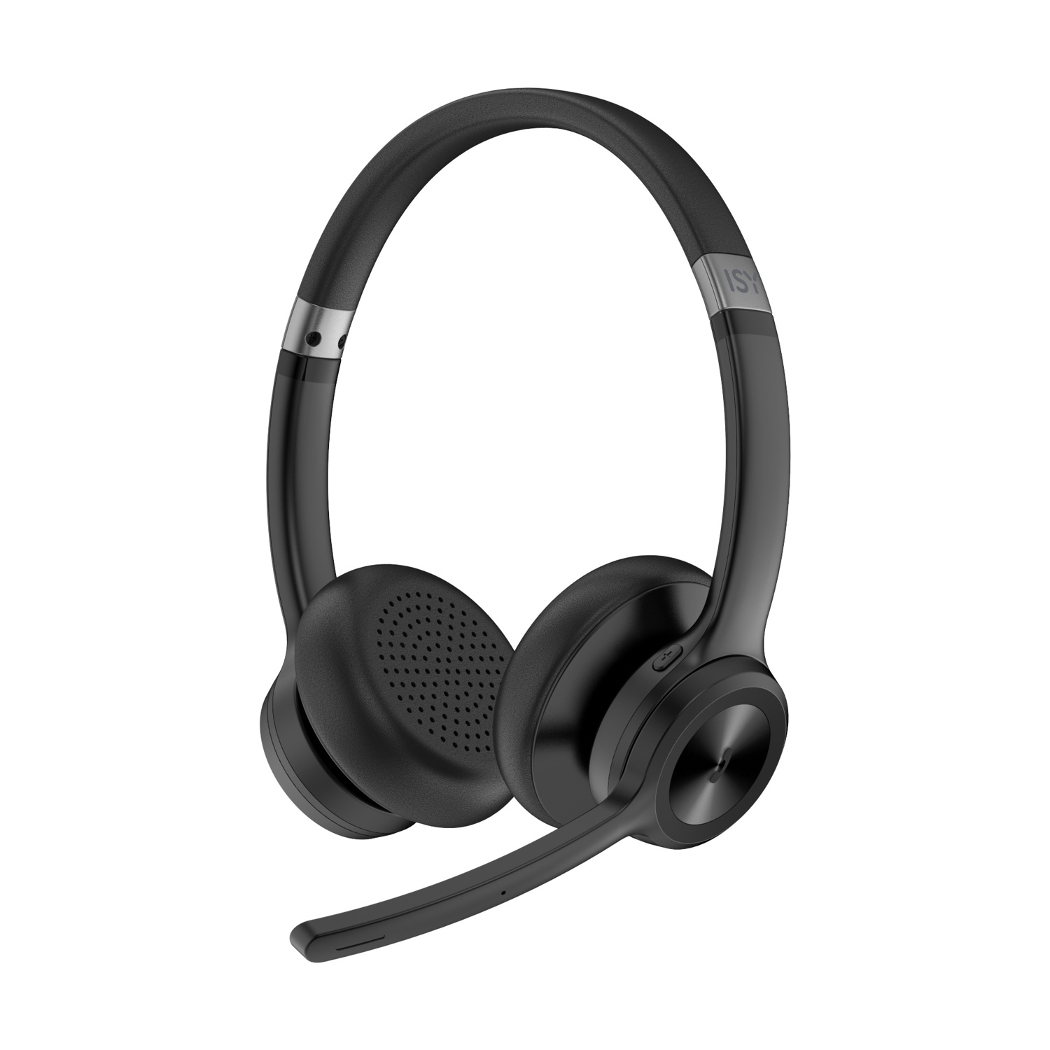 Un auricolare wireless nero con braccio microfonico e padiglioni perforati.