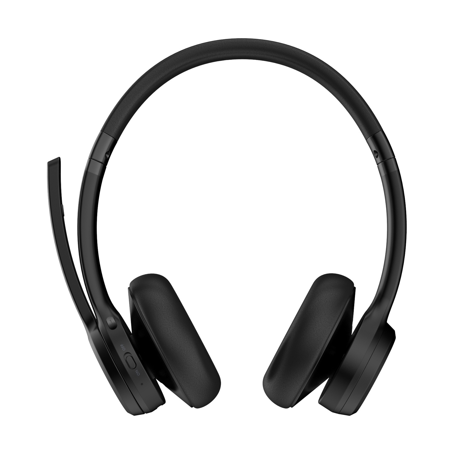 Cuffie wireless nere con microfono su sfondo bianco.