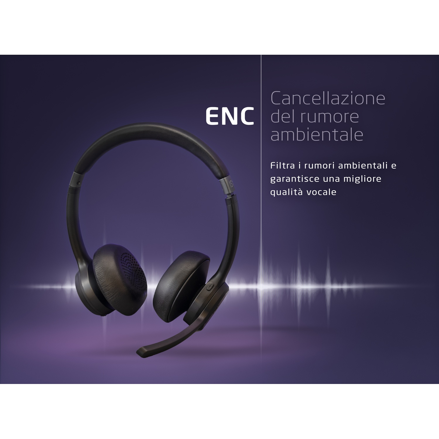 Cuffie nere con microfono su sfondo viola con onde sonore.