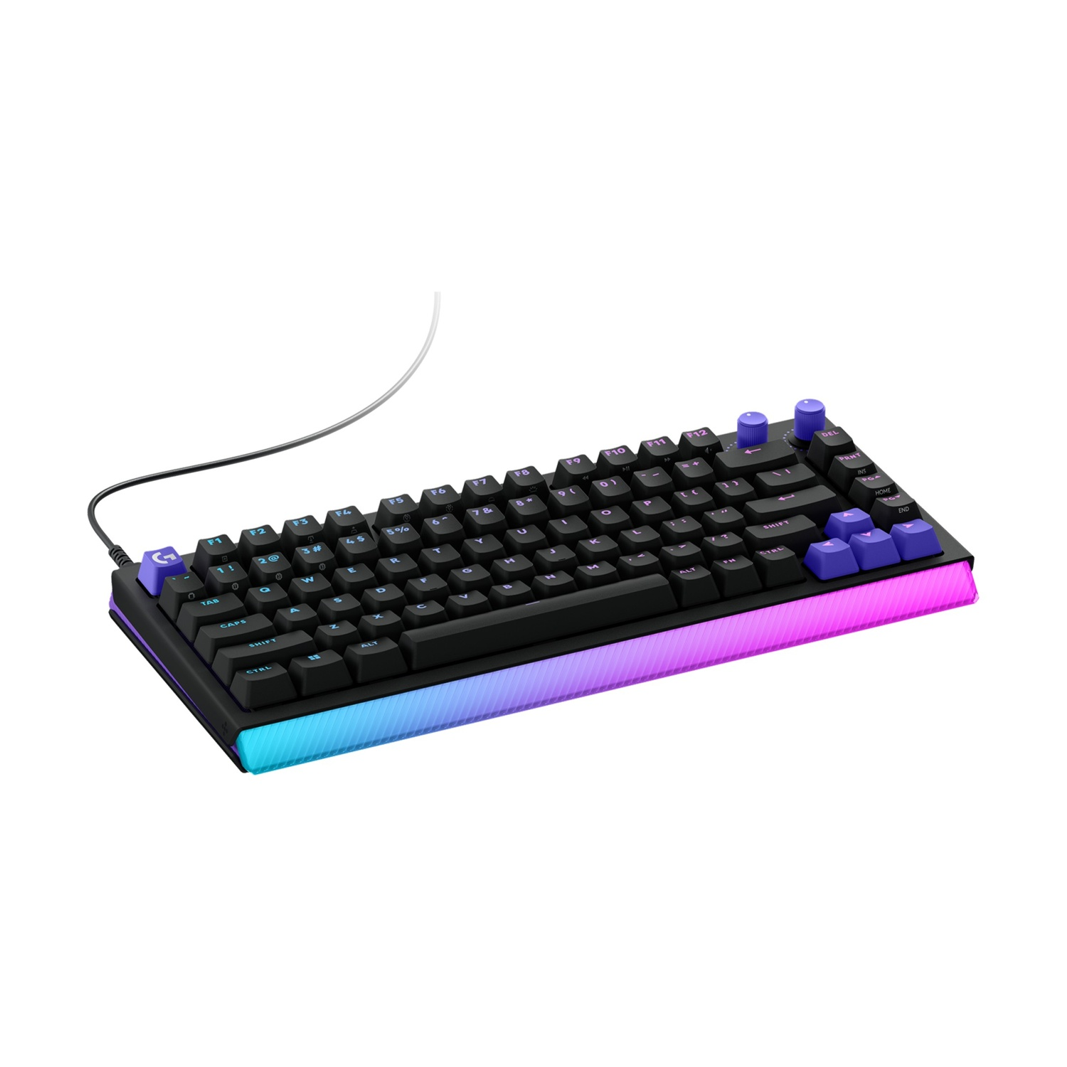 Tastiera nera con tasti viola e illuminazione RGB sul bordo inferiore.