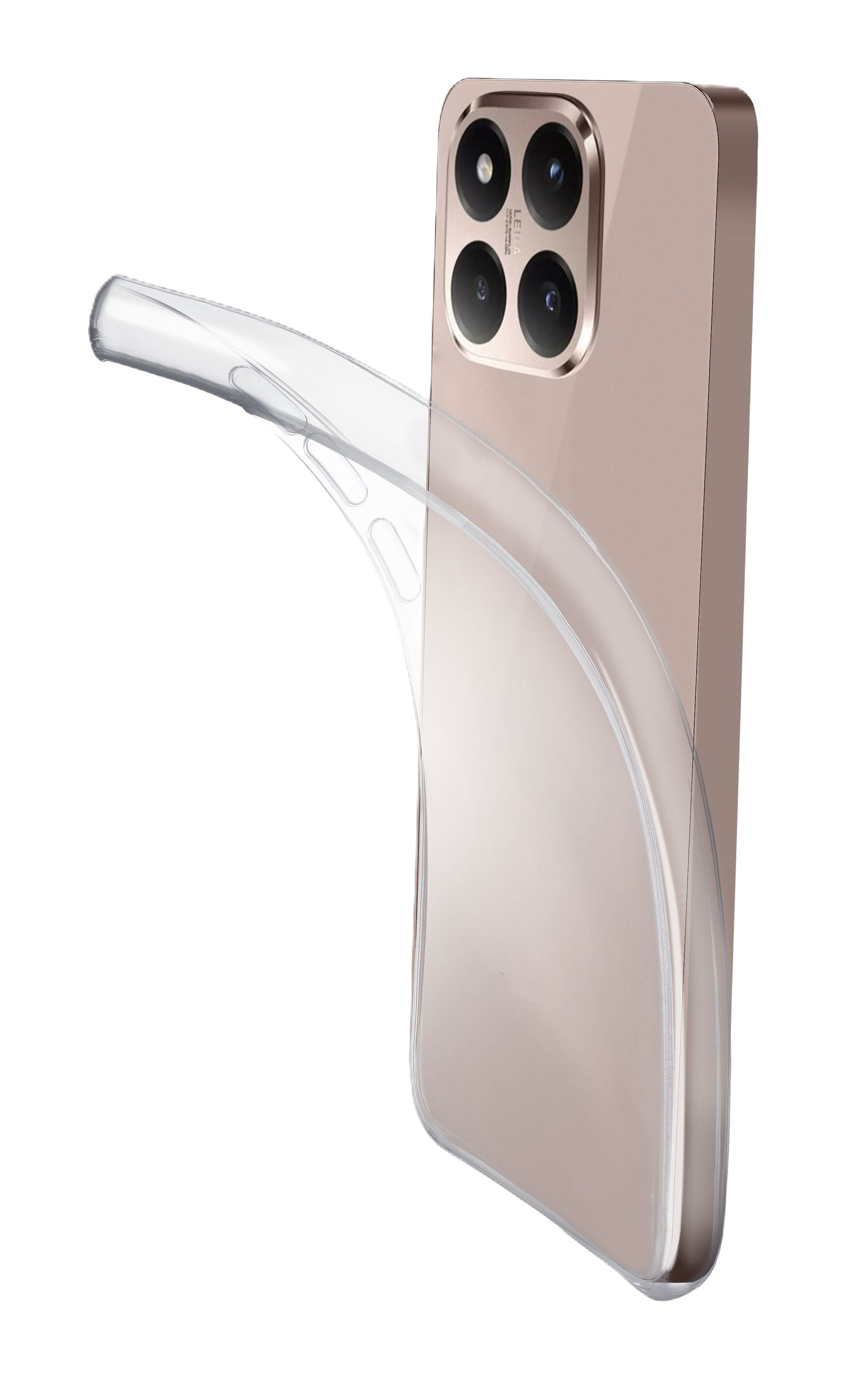 Una funda transparente para un teléfono color oro rosa. Las cuatro cámaras son visibles.