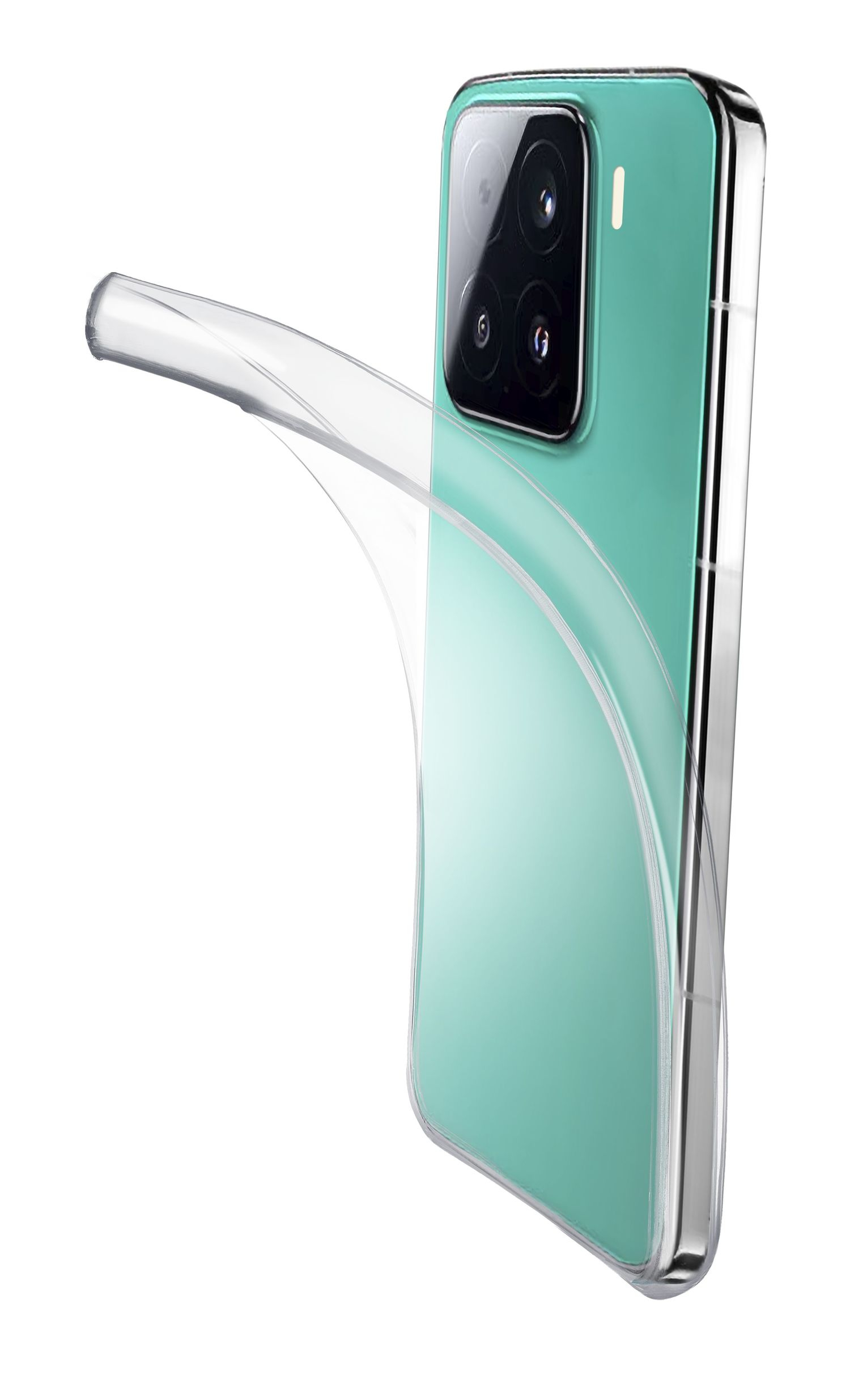Se muestra una funda de teléfono transparente en un smartphone verde azulado con un bulto de cámara.