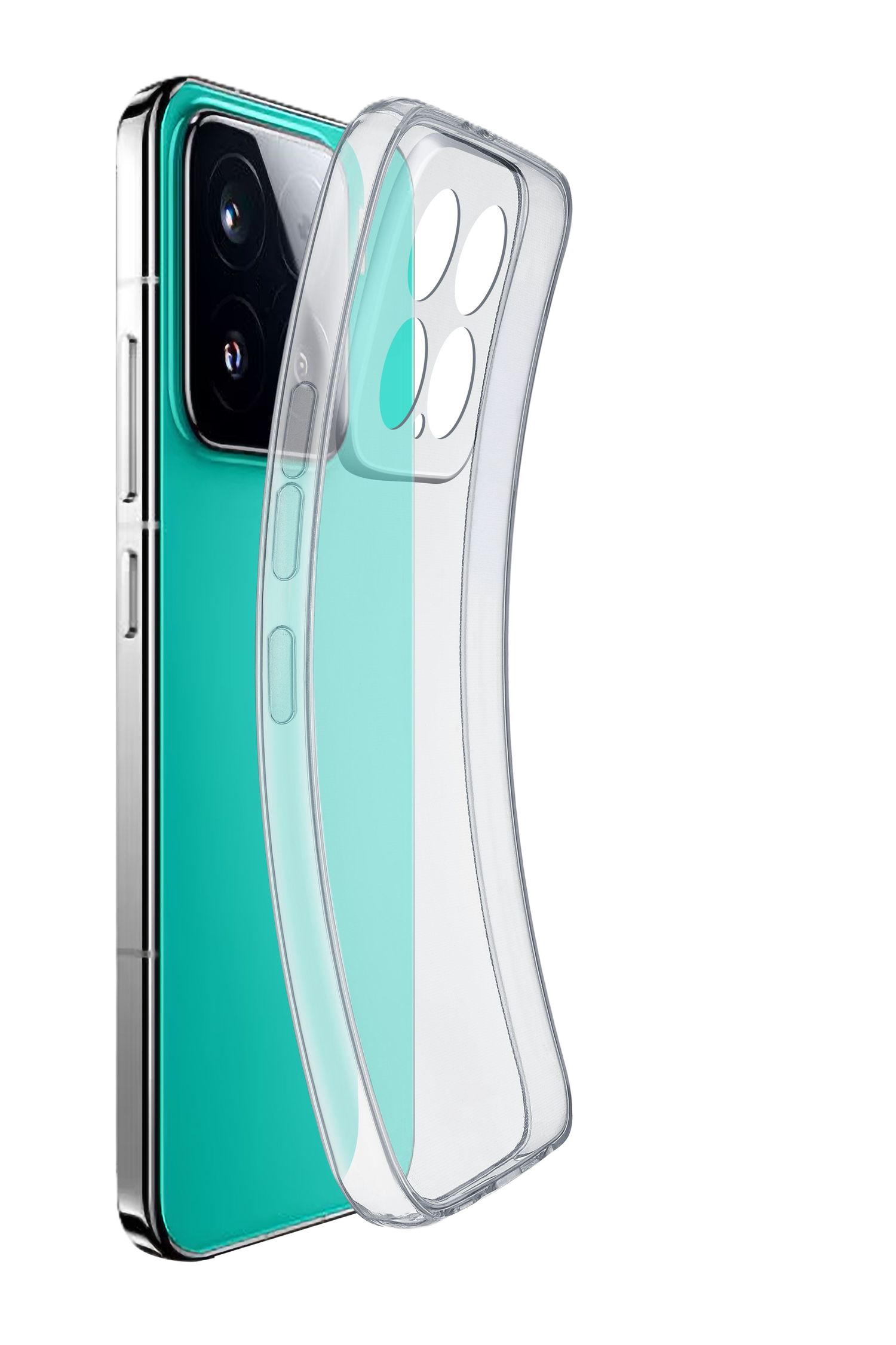 Un teléfono inteligente verde azulado con una funda protectora transparente al lado.