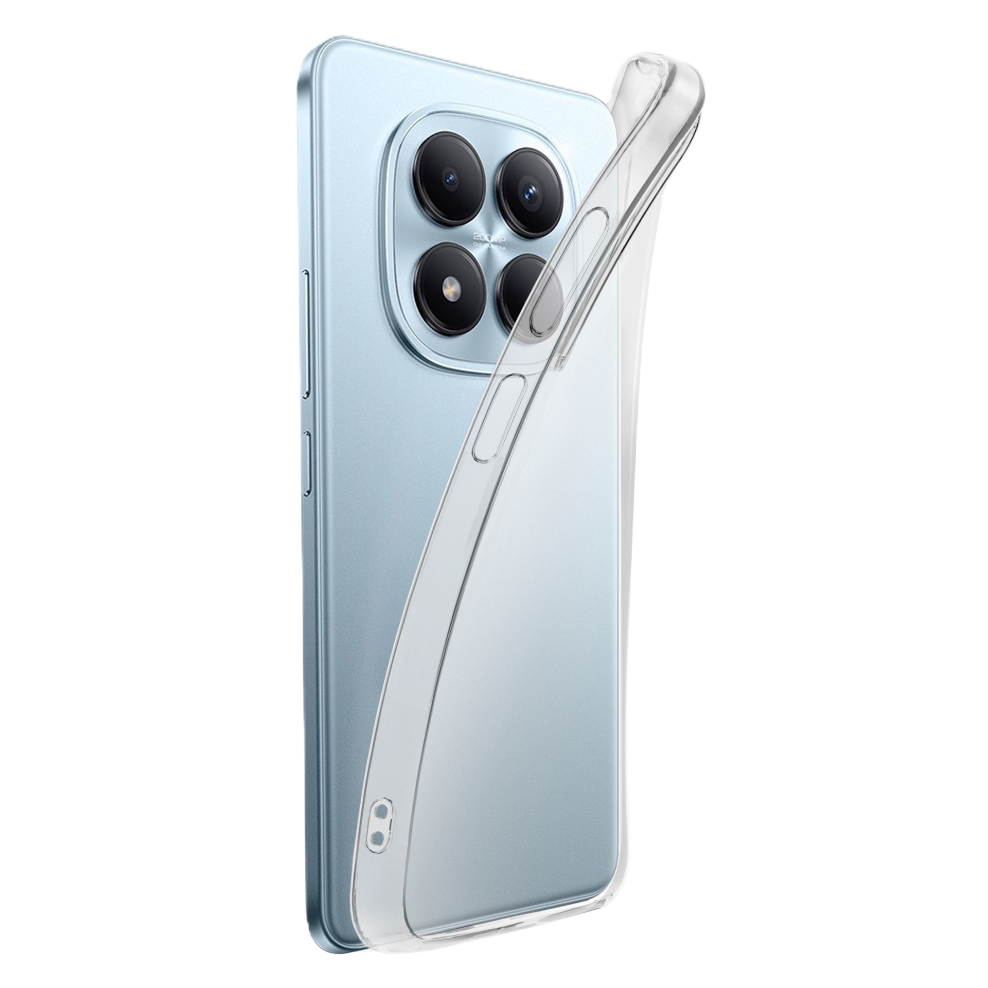 Una funda transparente sobre un smartphone azul claro con cuatro cámaras.