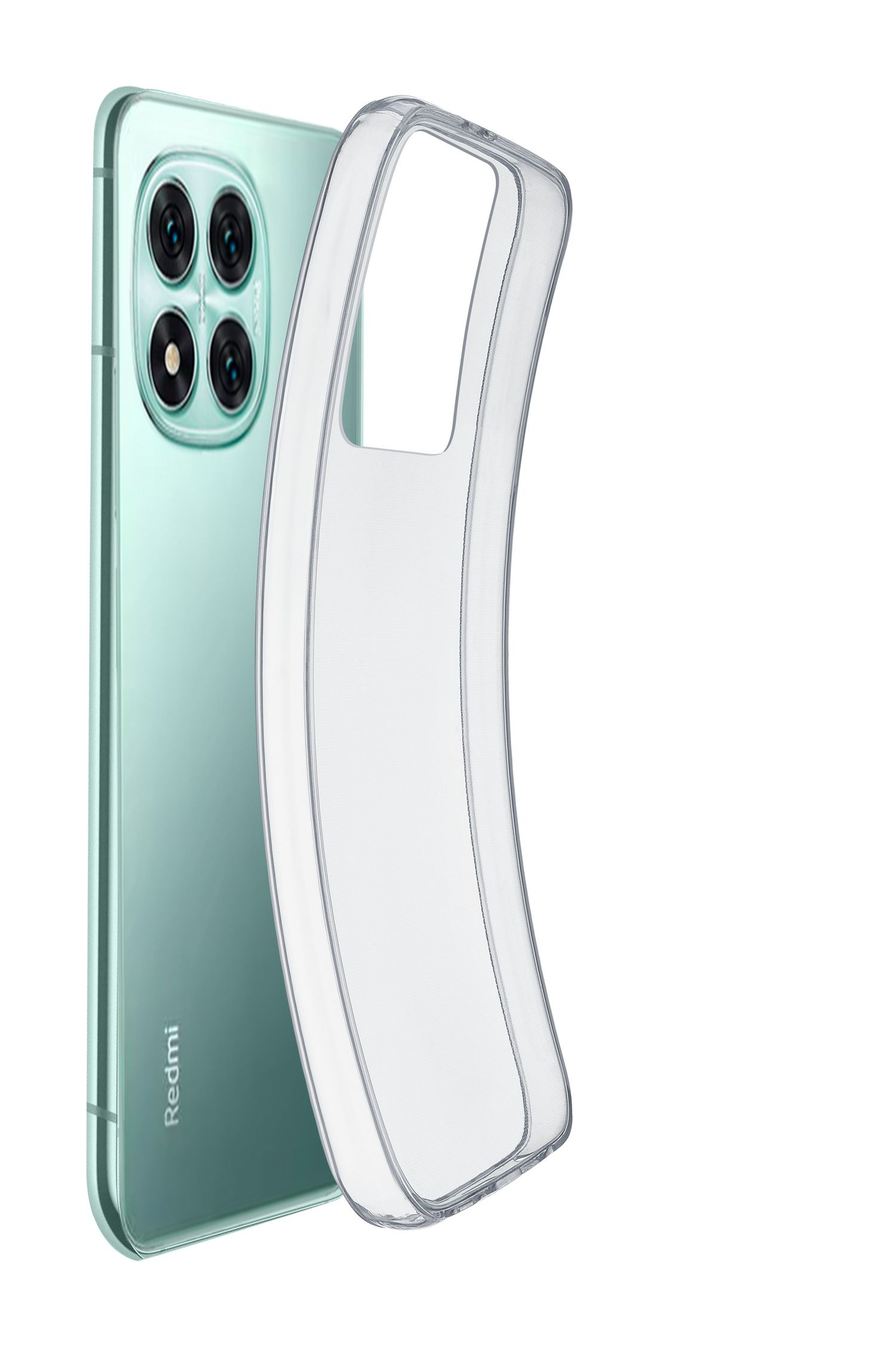 Una funda transparente para teléfono junto a un smartphone verde menta con cuatro cámaras.