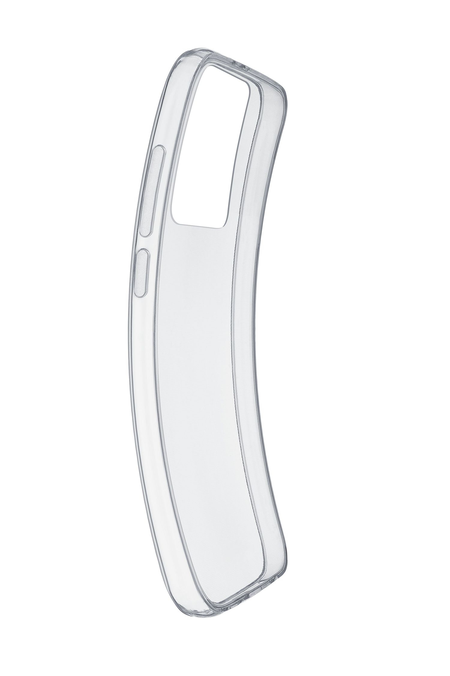 Funda transparente para teléfono con recortes para cámara y botones.