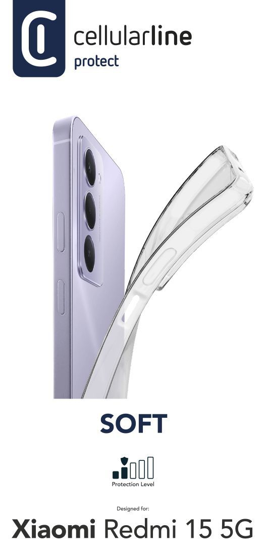 Una funda transparente se curva sobre un teléfono morado. Logo arriba a la izquierda.