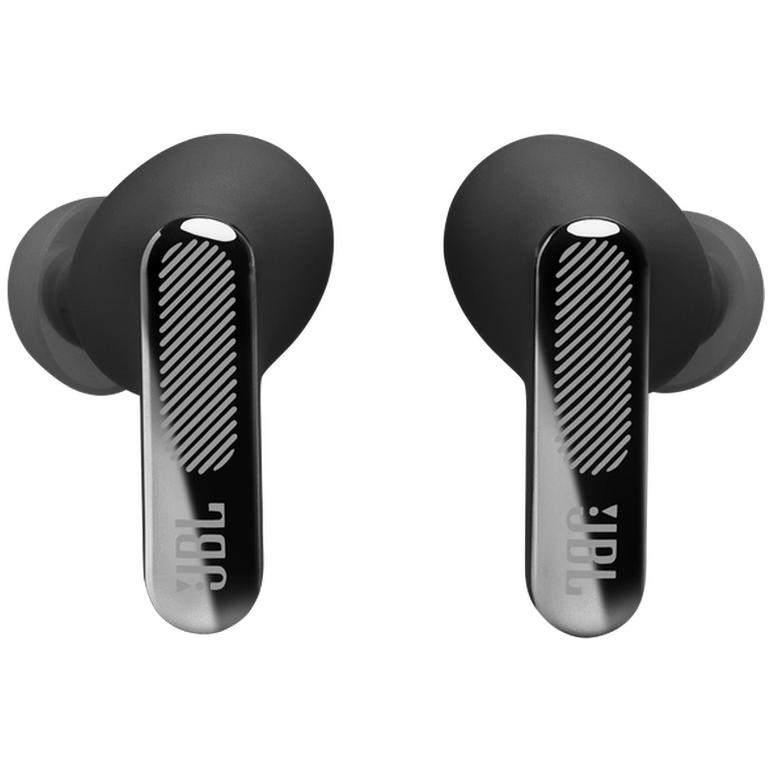 Two black JBL earbuds with silver accents on a white background.