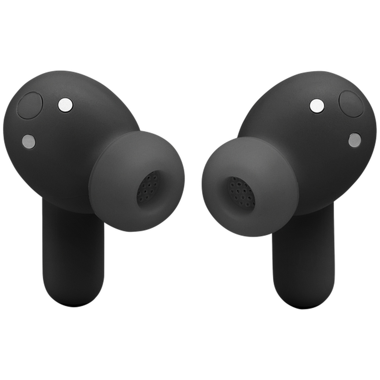 Two black wireless earbuds on a white background.