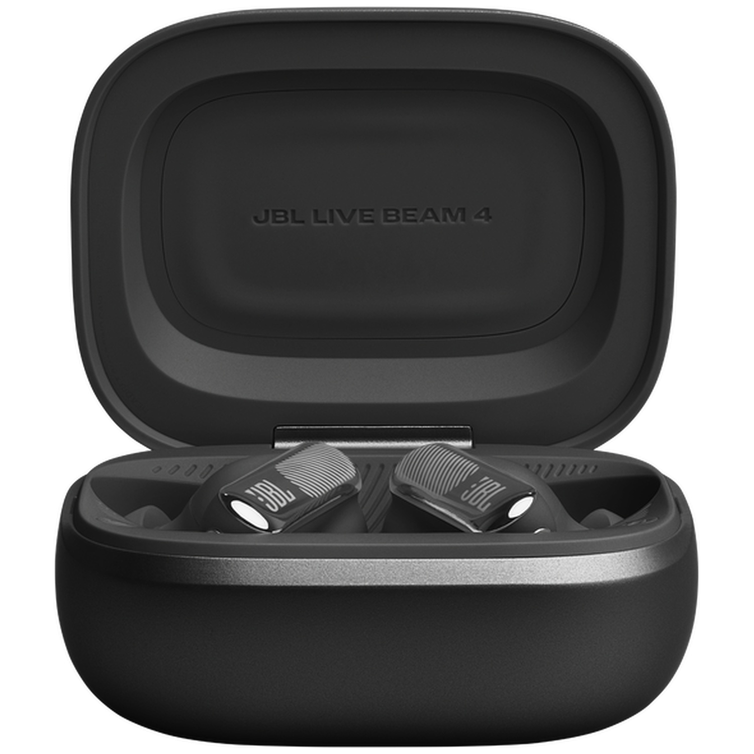 Black JBL Live Beam 4 charging case with lid open, showing two earbuds inside.
