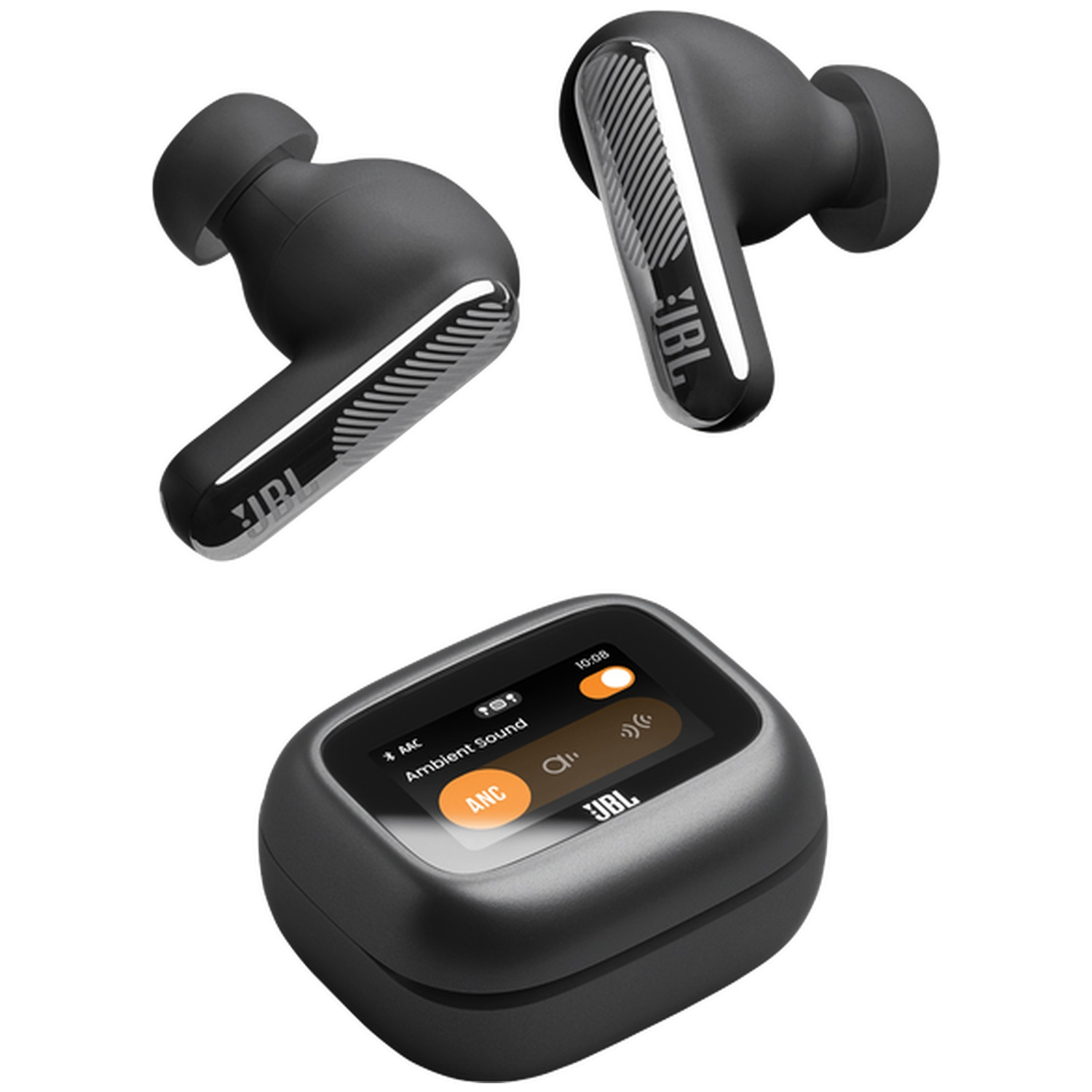 Black JBL earbuds and charging case with screen. One earbud is top, one is bottom.