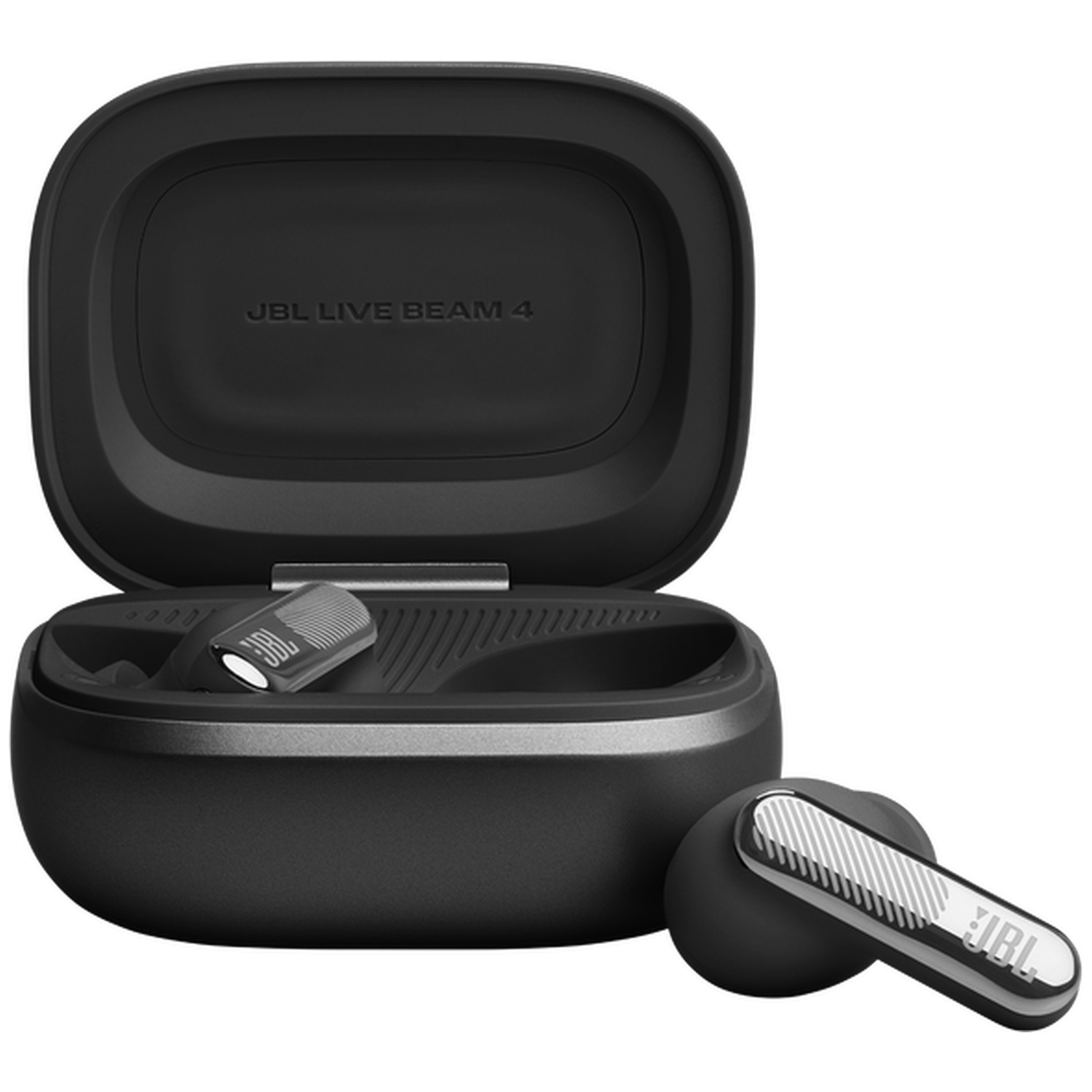 Black JBL earbuds with charging case and silver accents. One is placed beside the case.