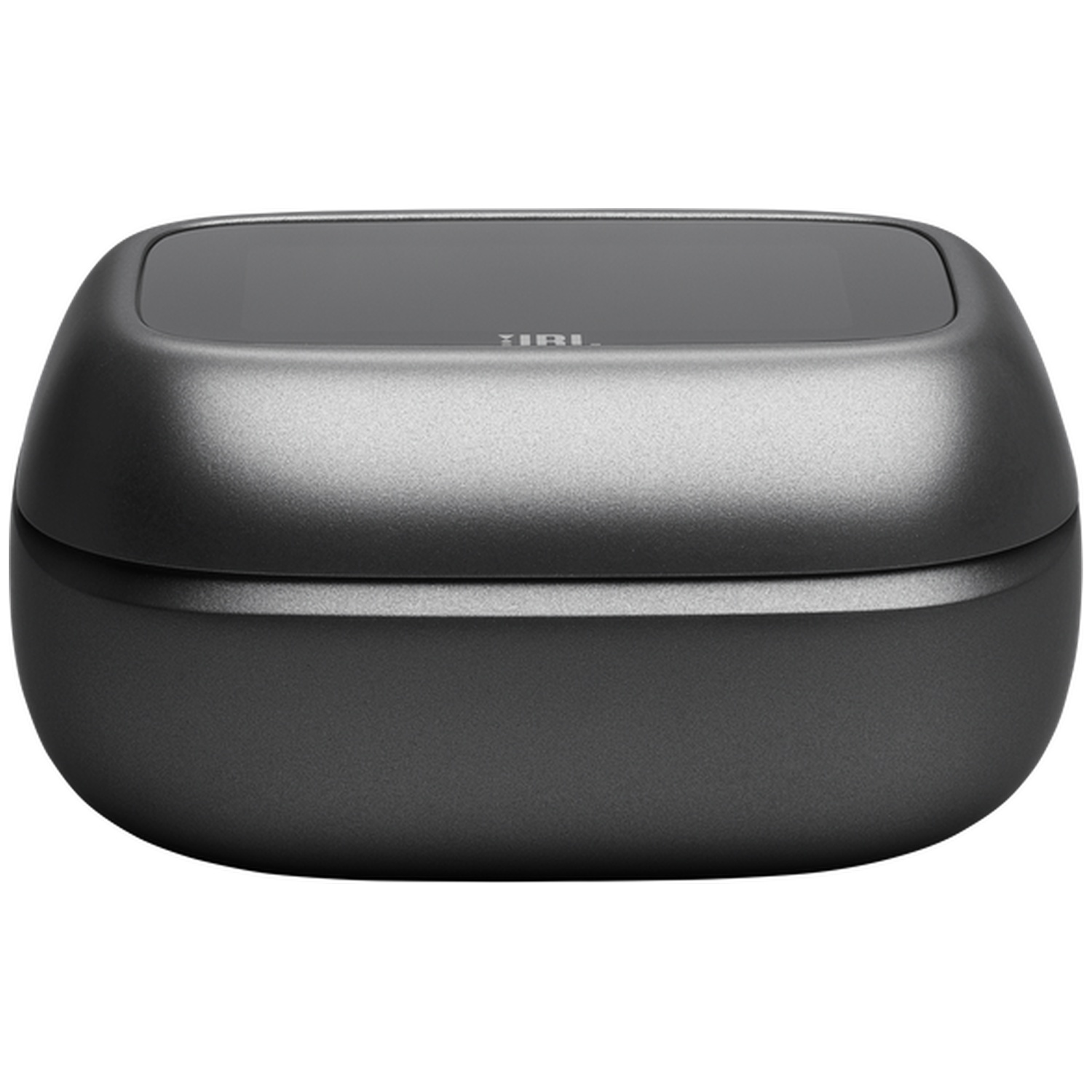 A closed, dark gray oval-shaped charging case with a glossy black lid.