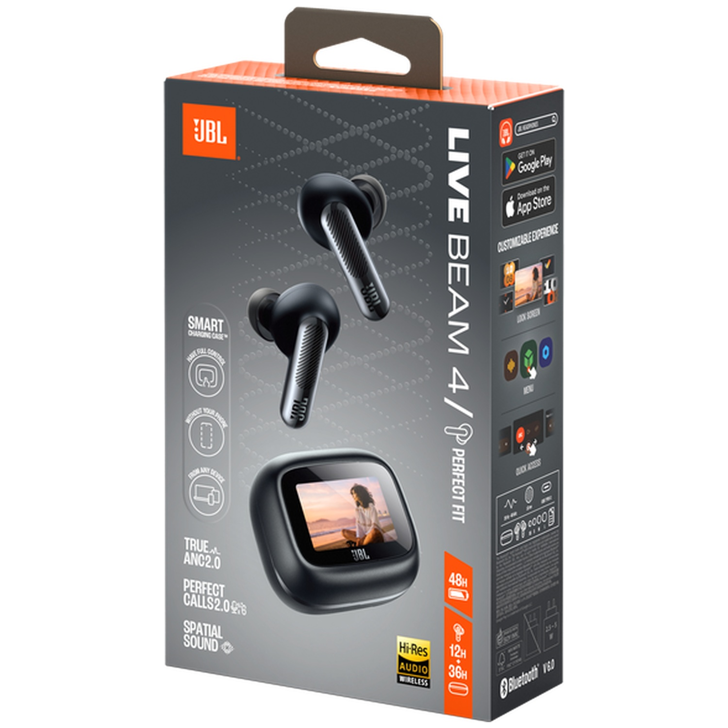 JBL Live Beam 4 headphone packaging showing earbuds and charging case.