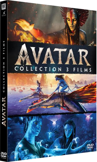 Collection Avatar 3 Films : Na'vi chevauchant des créatures volantes sur l'eau et scène avec Na'vi en forêt.