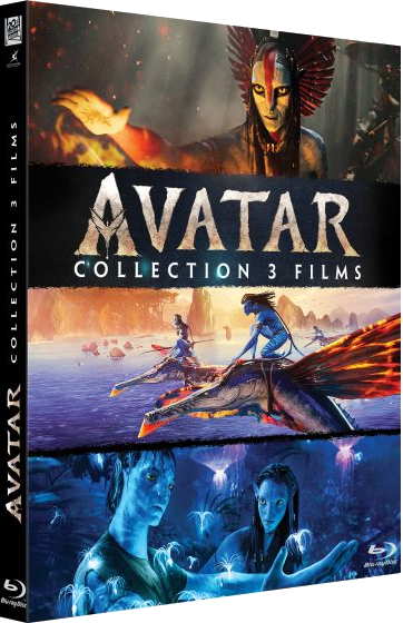 Coffret Blu-ray Avatar Collection 3 Films avec Na'vi et créatures.