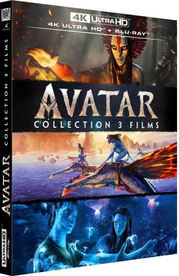 Jaquette Avatar Collection 3 Films 4K UHD Blu-ray : peinture faciale, créatures volantes, extraterrestres bleus.