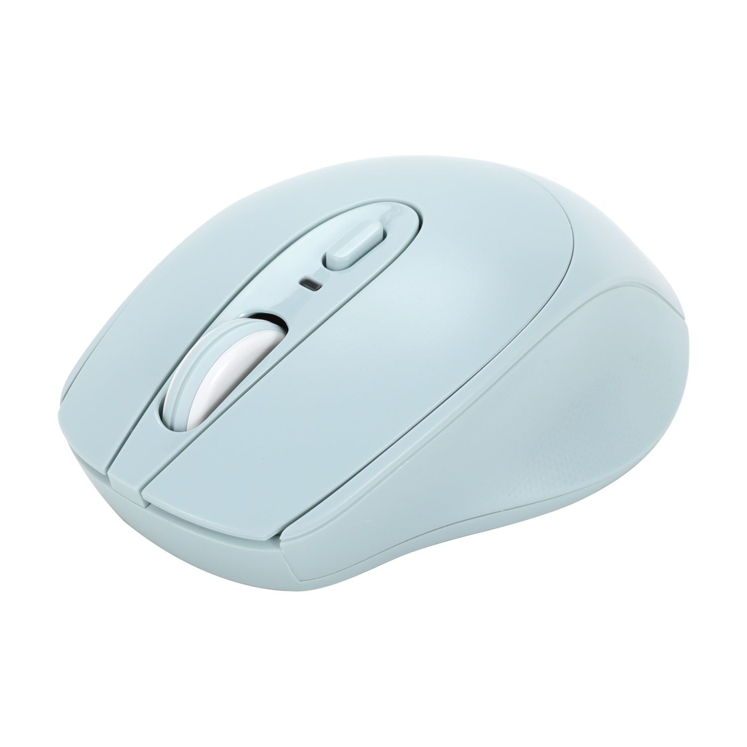 Un mouse per computer azzurro con rotella e due pulsanti su sfondo bianco.