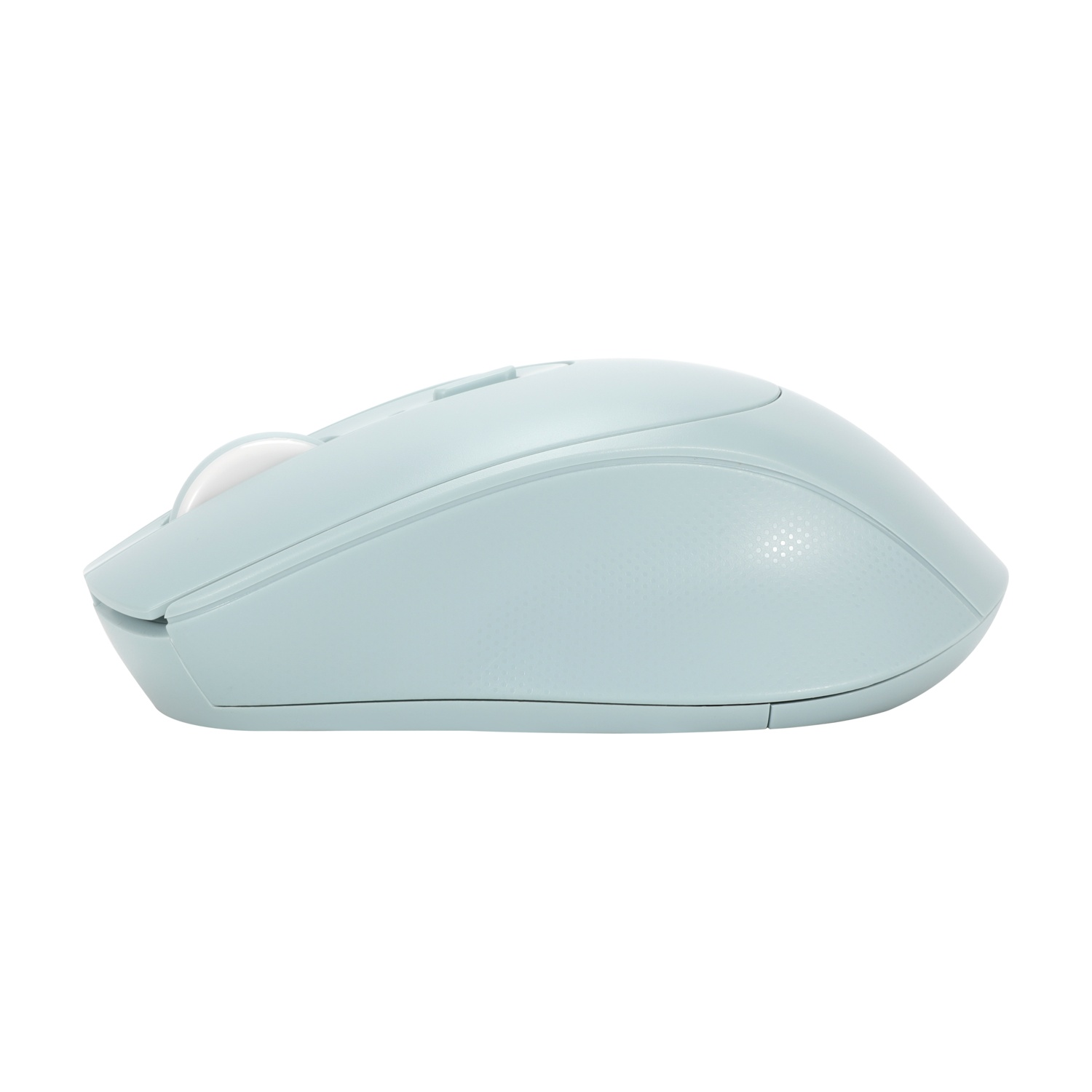 Un mouse per computer azzurro con rotellina e pulsanti, visto di lato.