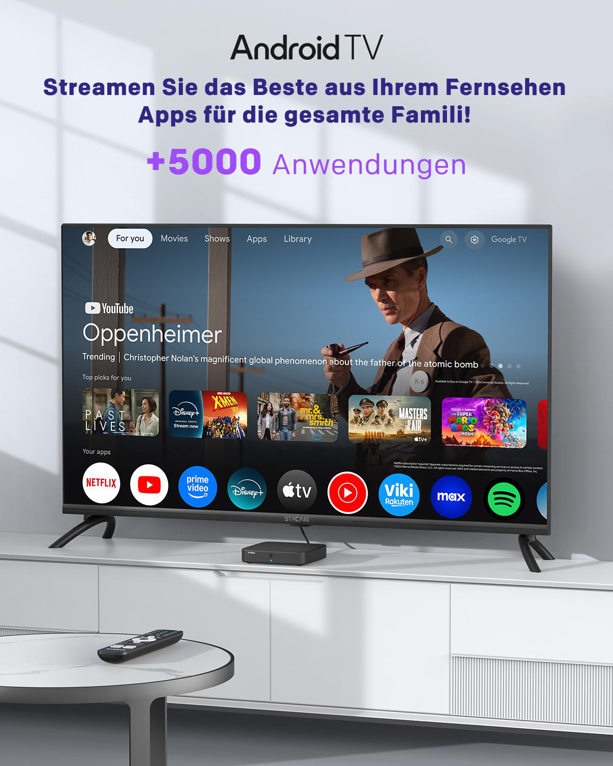 Ein Fernseher mit Android TV-Oberfläche, der "Oppenheimer" anzeigt und App-Symbole.