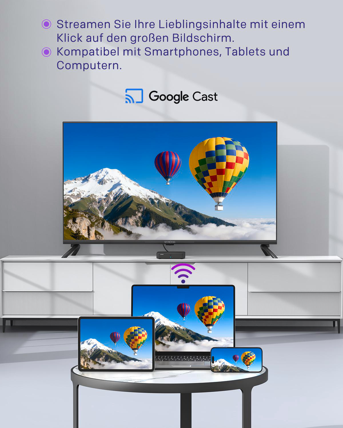 Fernseher, Laptop, Tablet und Smartphone zeigen Ballons über Bergen.