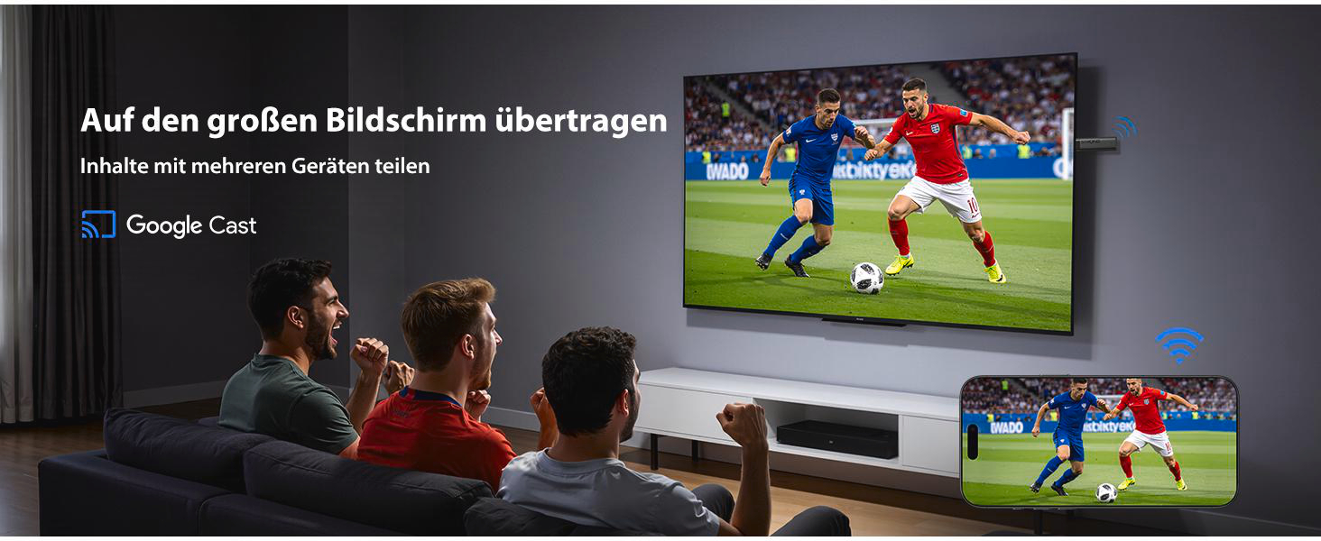 Männer schauen Fußball auf einem großen Bildschirm, der mit Google Cast verbunden ist.