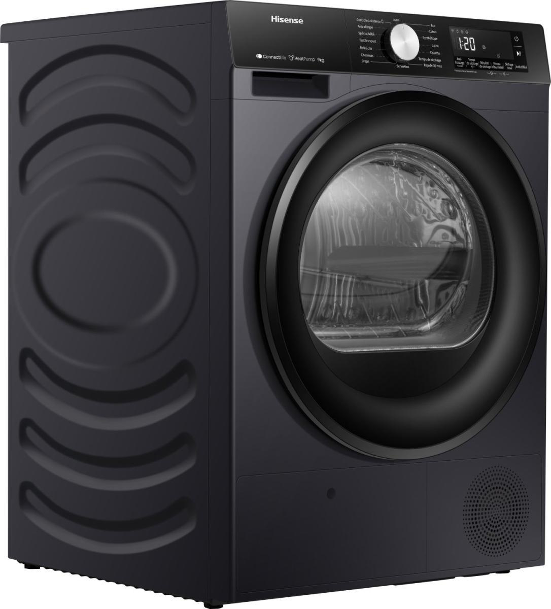 Dunkelgraue Hisense Wärmepumpentrockner mit runden Mustern an der Seite und digitaler Anzeige.