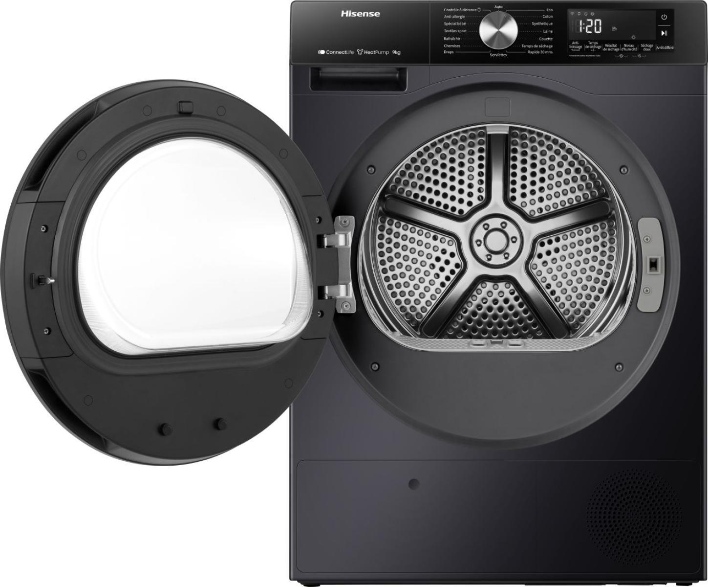 Schwarzer Hisense Wäschetrockner mit geöffneter Tür und Trommel.