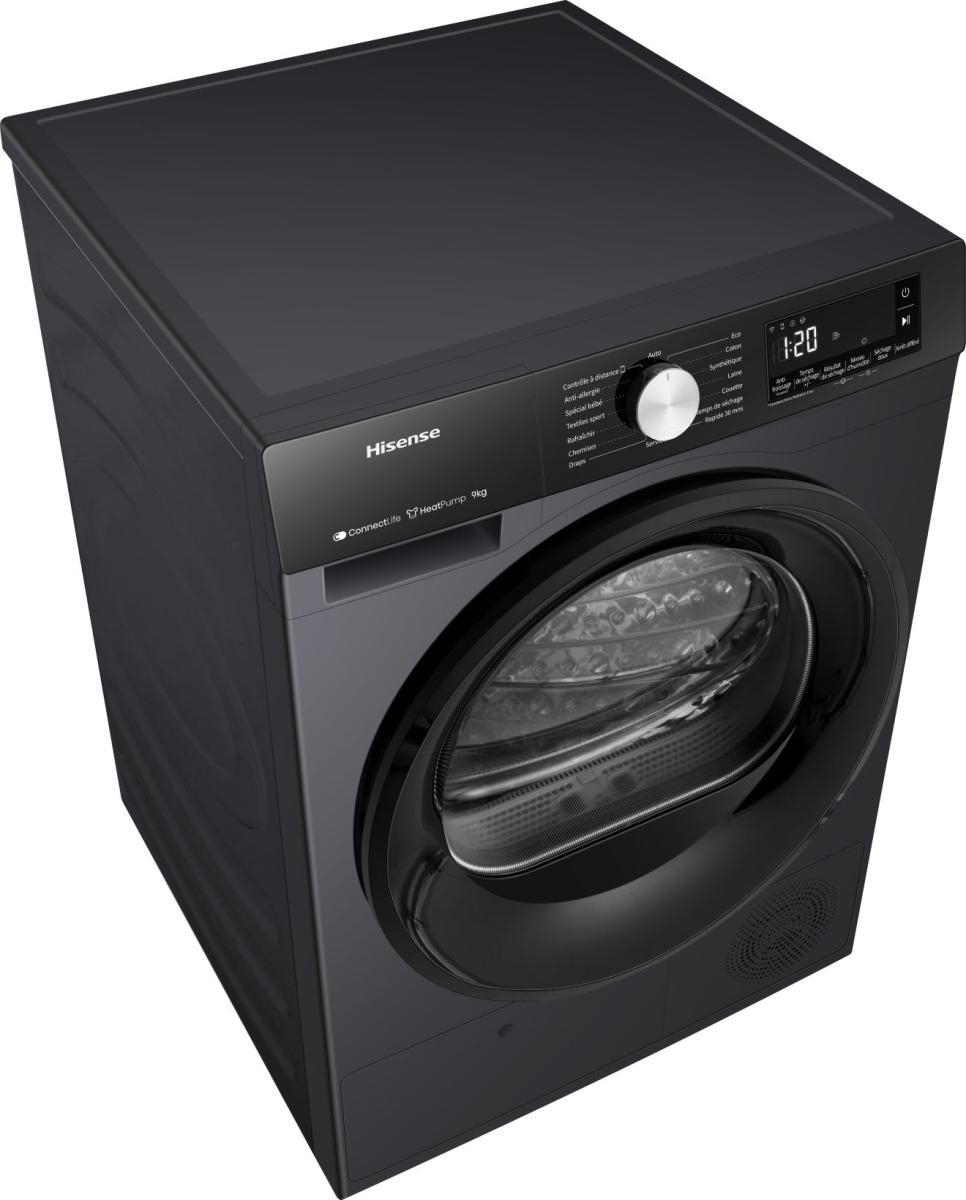 Schwarzer Hisense Wäschetrockner mit digitaler Anzeige und Programmwahl.