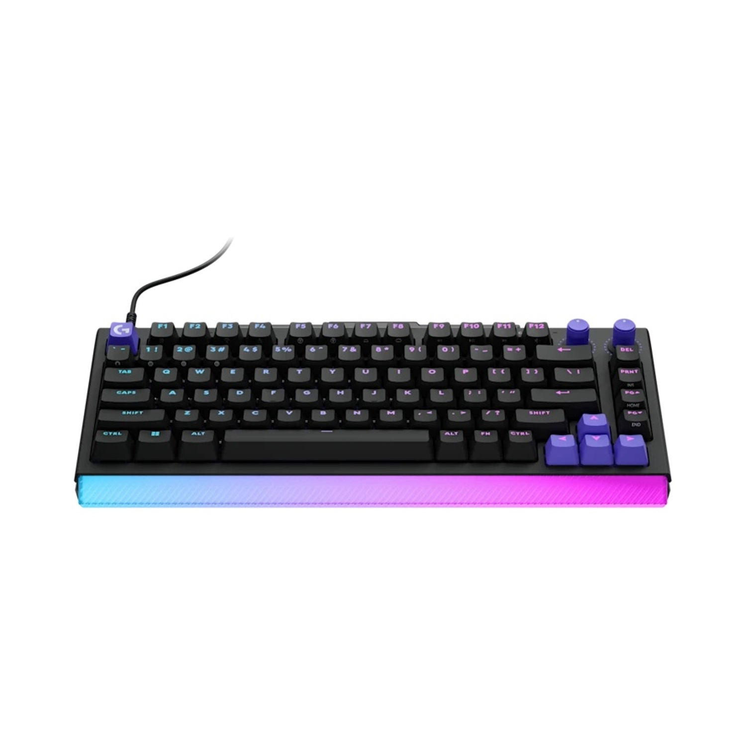 Tastiera meccanica nera con tasti viola e illuminazione RGB.