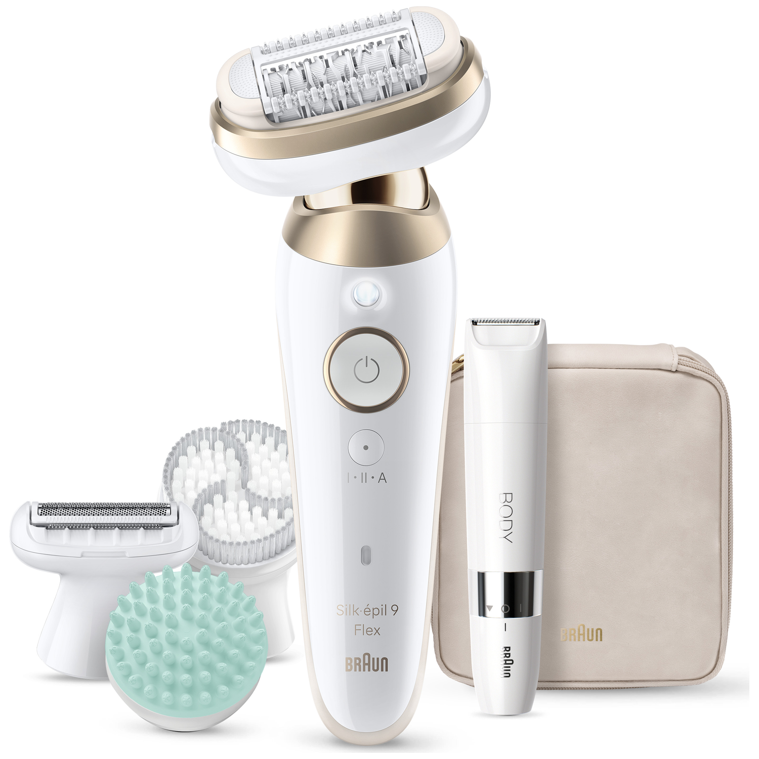 Braun Silk-épil 9 Flex with 4 attachments and travel pouch.