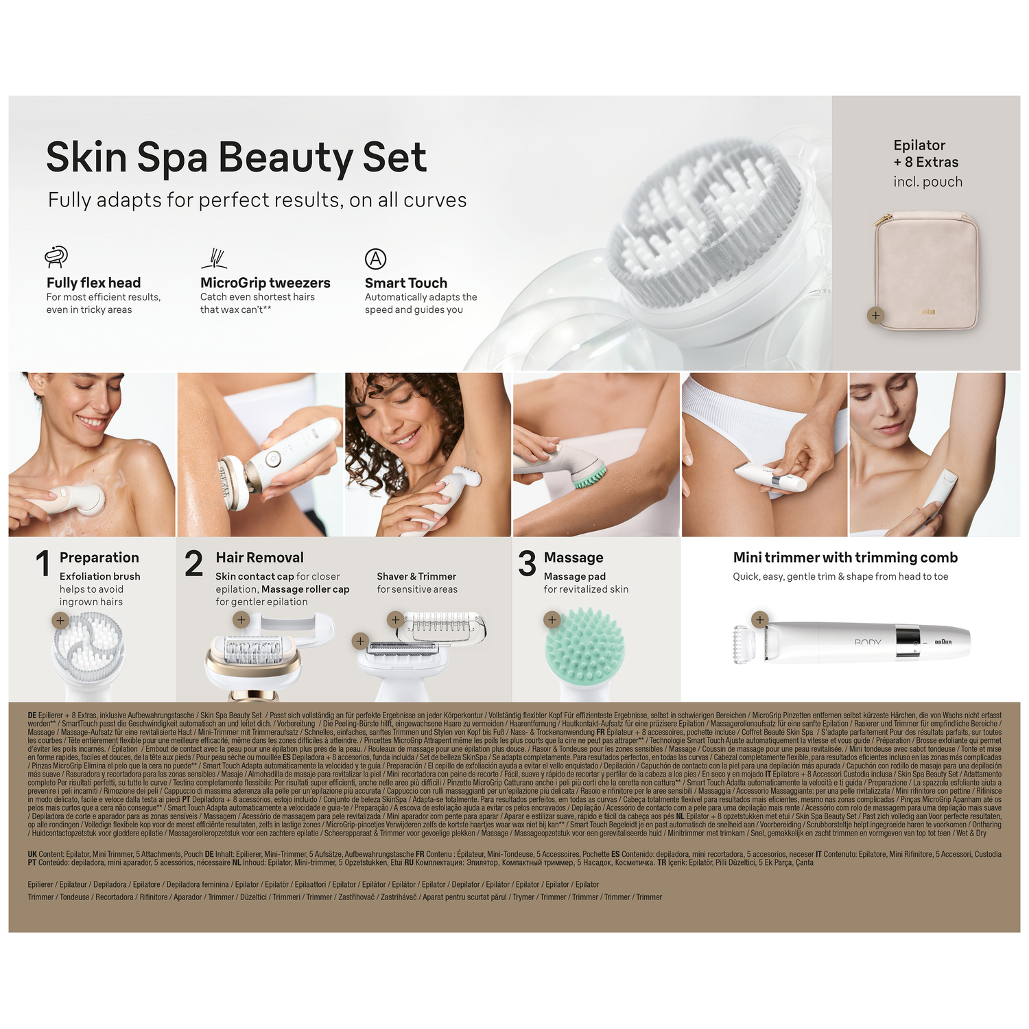 Braun Skin Spa Beauty Set with epilator, 8 extras, pouch. Features flex head and MicroGrip tweezers.