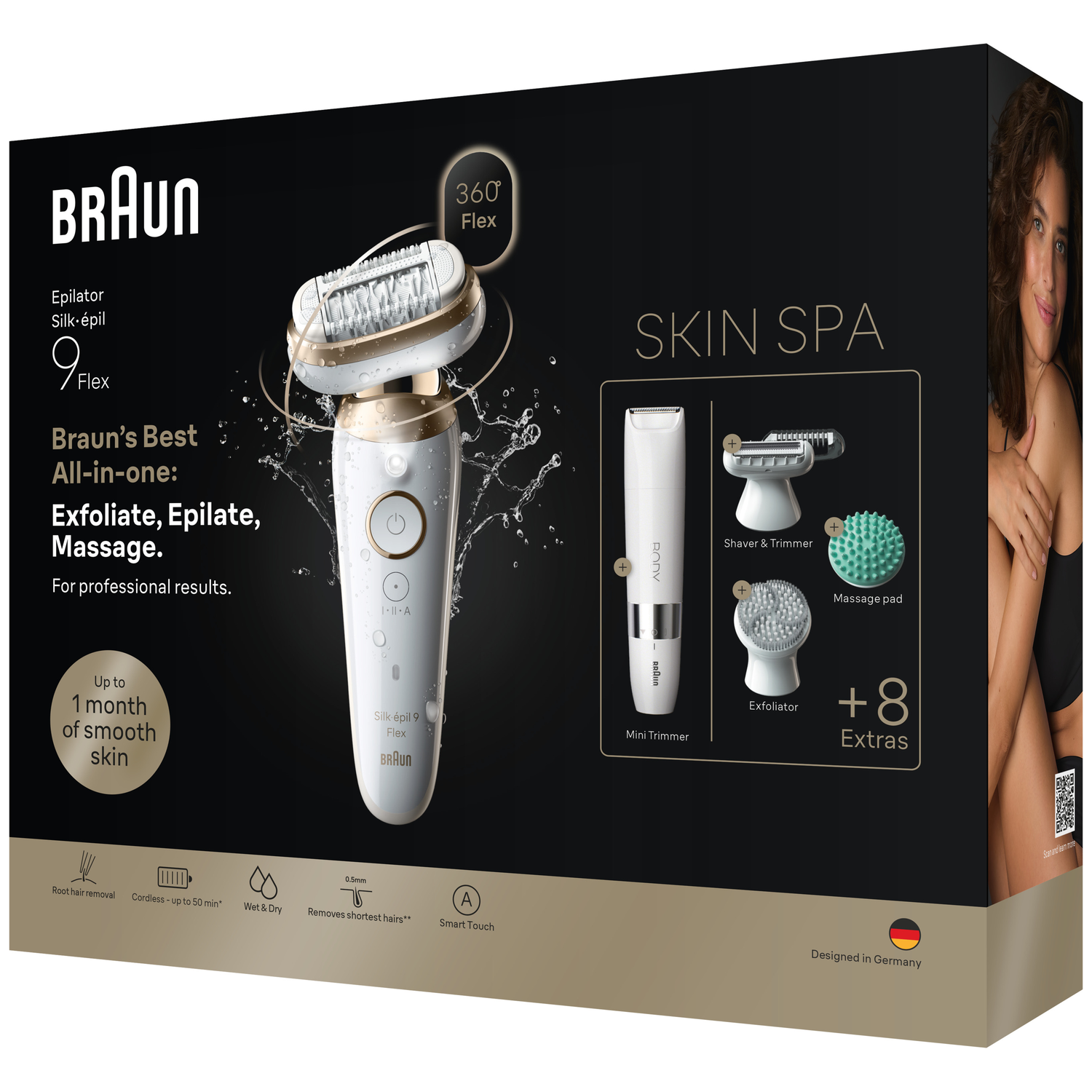 Braun Silk-épil 9 Flex epilator with attachments: Mini Trimmer, Shaver, Exfoliator, Massage pad.