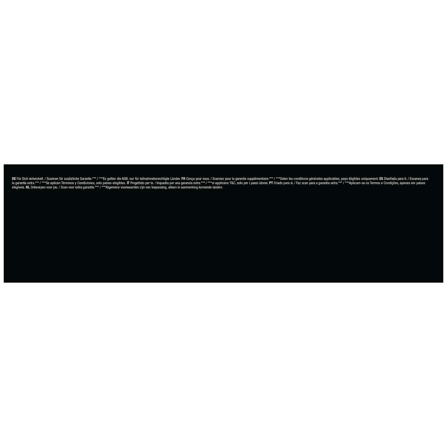 Text in multiple languages about warranty terms and scanning for extras.
