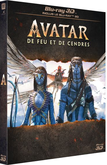 Boîte Blu-ray 3D Avatar avec deux personnages Na'vi et une créature volante au fond.