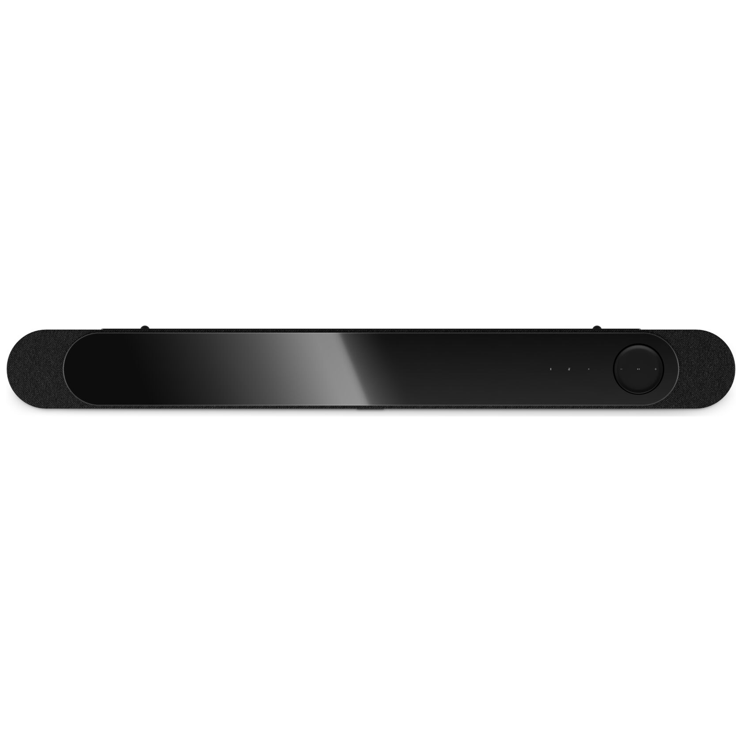 Black speaker with a sleek surface and controls on the right.