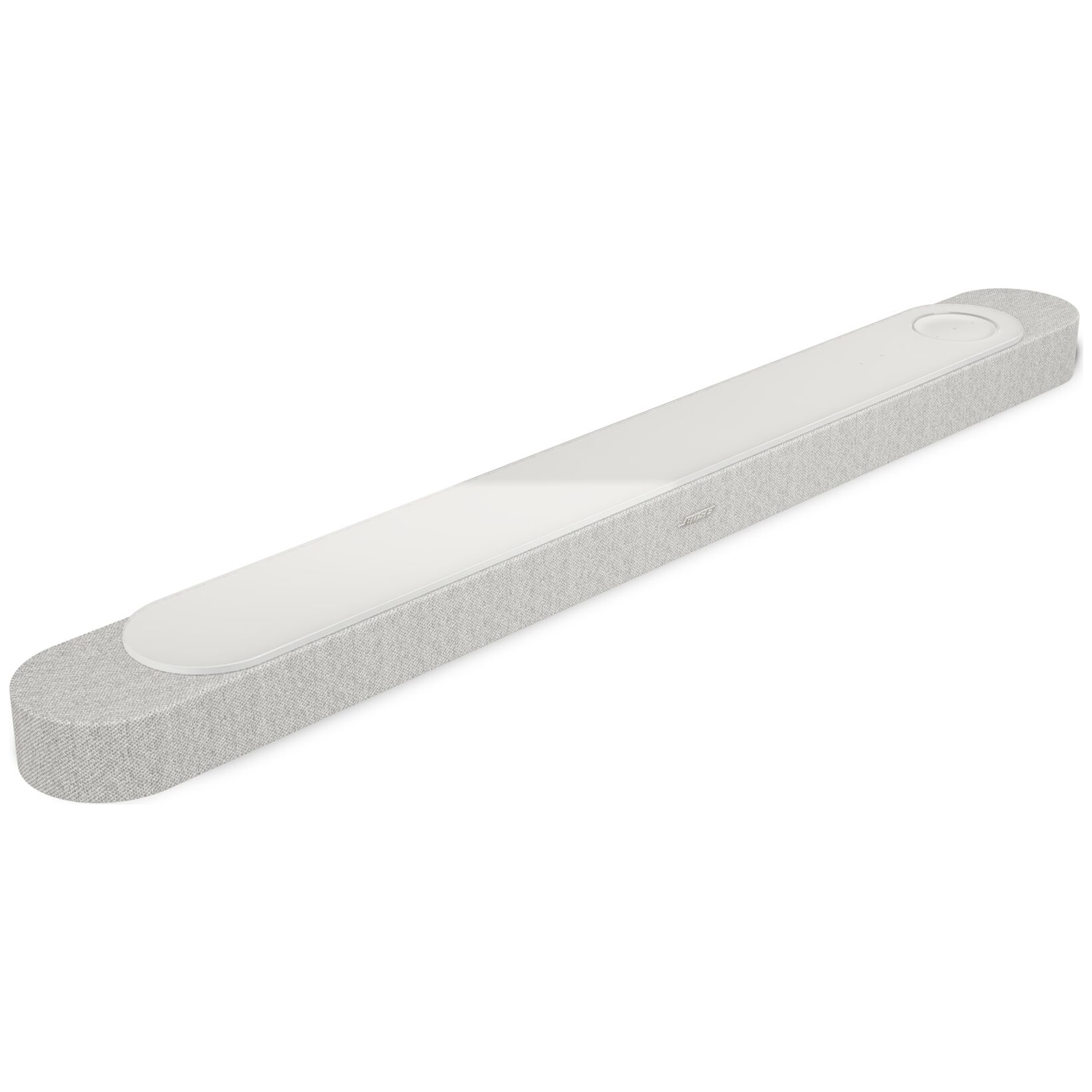 Een lange, ovale grijze stoffen luidspreker met een wit paneel bovenop en een ronde knop.