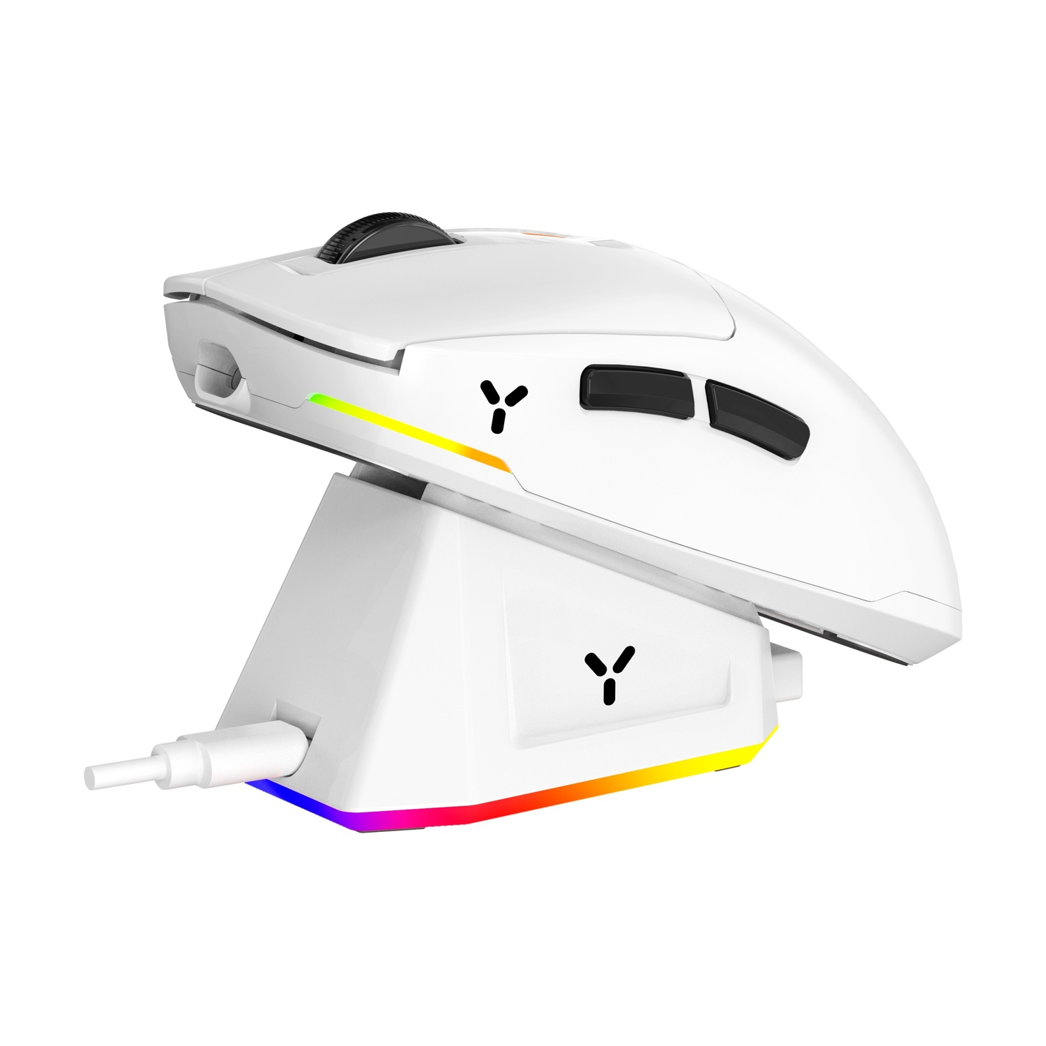 Mouse da gaming bianco su base di ricarica con illuminazione RGB.