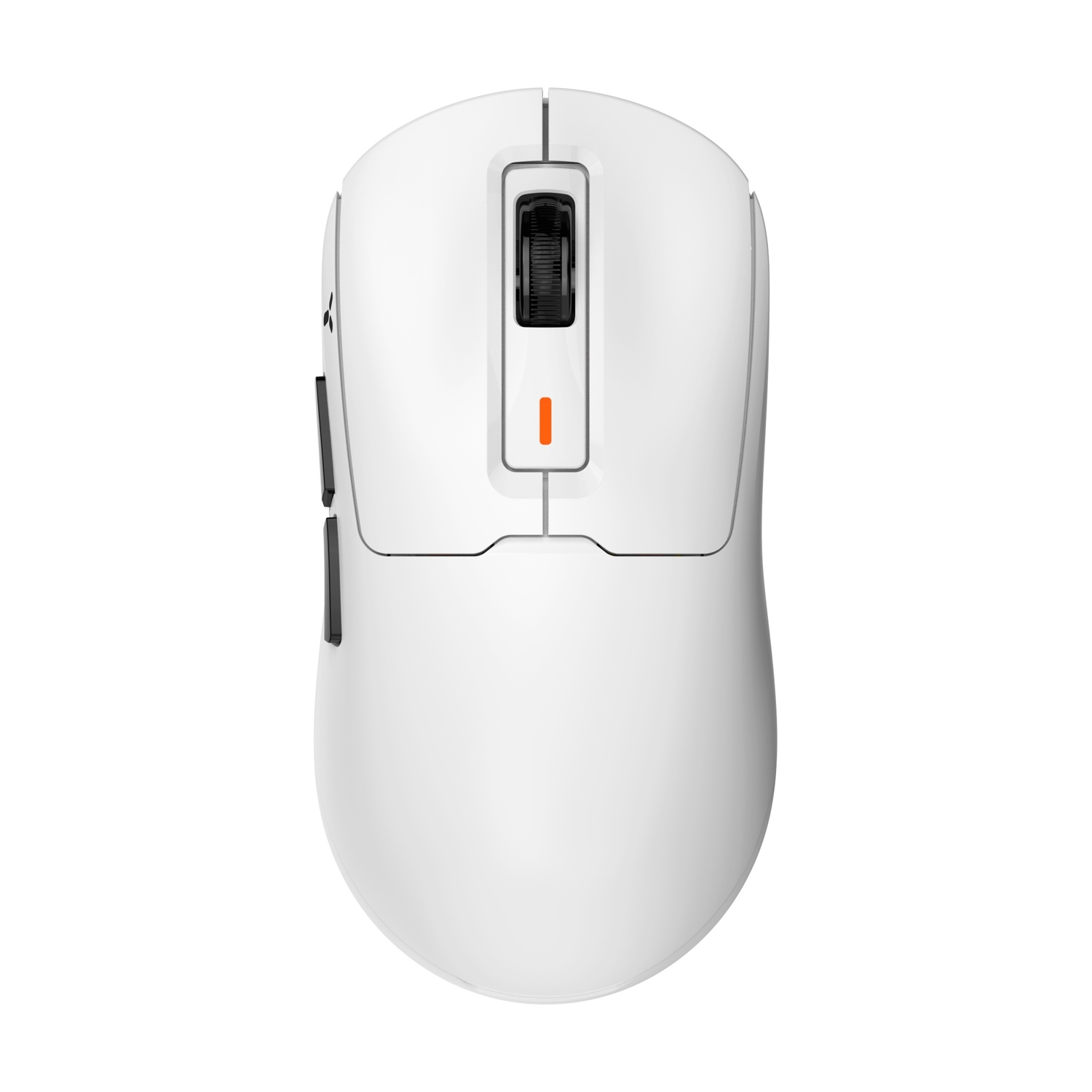 Mouse bianco da gaming con rotella nera e pulsanti laterali.