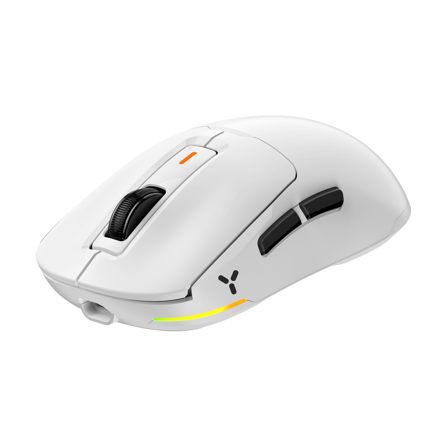 Mouse bianco da gaming con rotellina nera e illuminazione RGB.