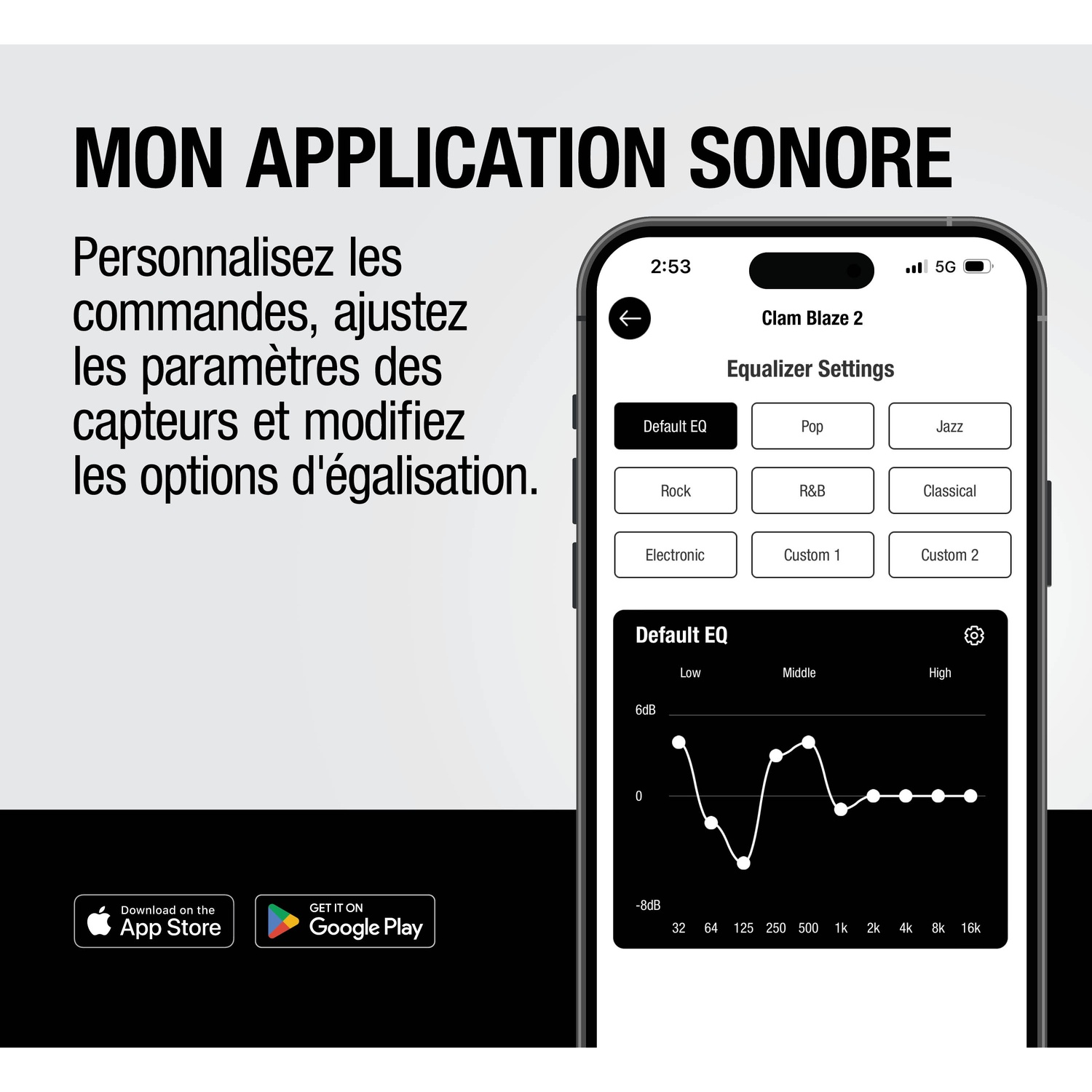 Écran d'application affichant les réglages de l'égaliseur et une courbe audio.