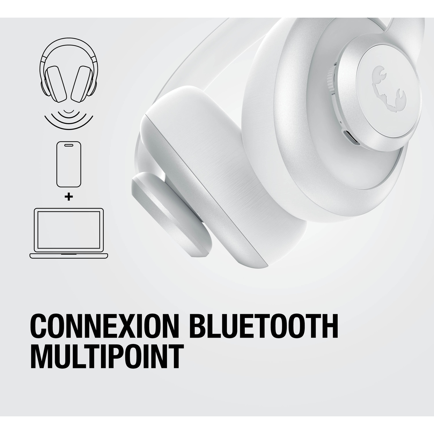Casque blanc avec symboles Bluetooth, smartphone et ordinateur portable.
