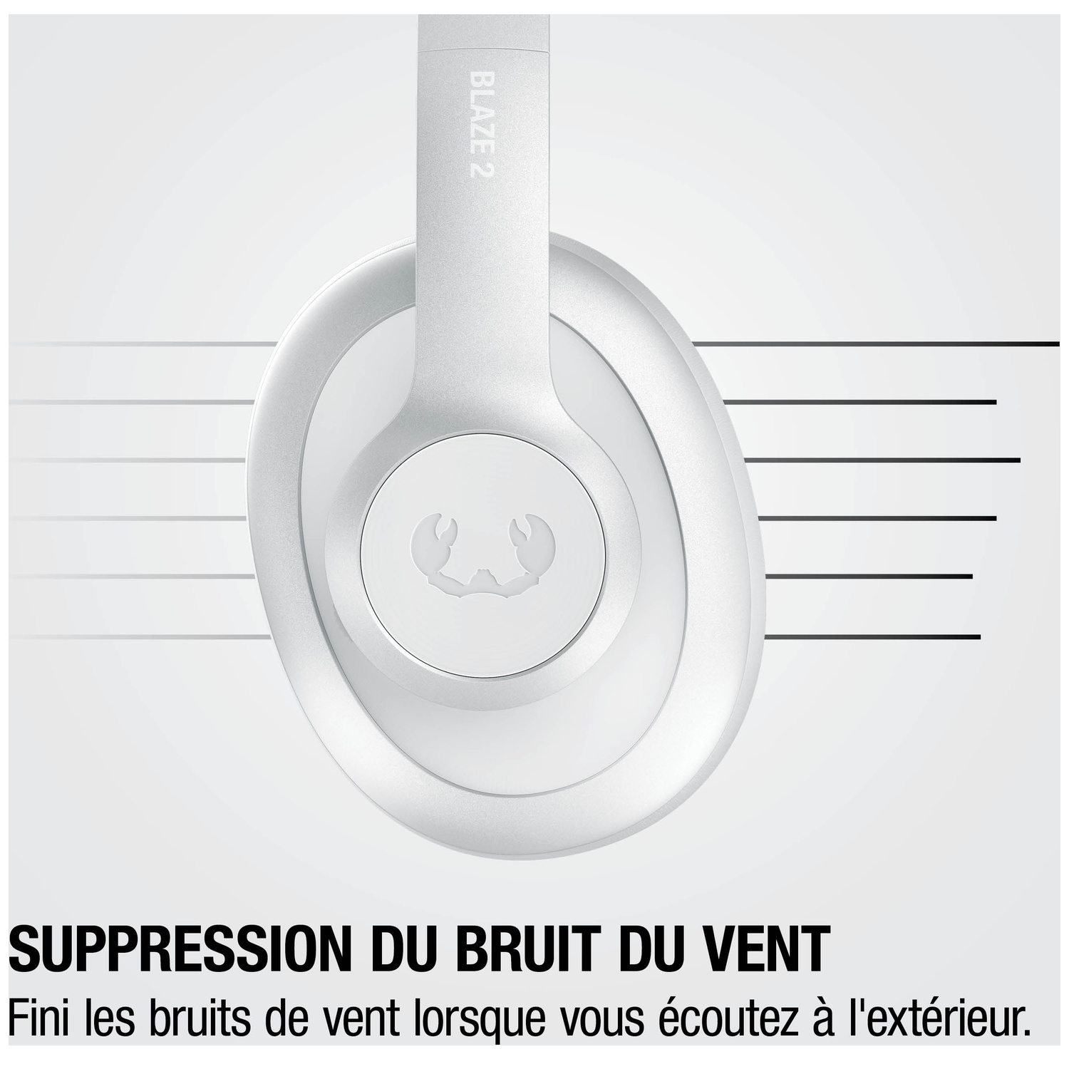 Casque blanc avec arceau argenté, suppression du bruit du vent.