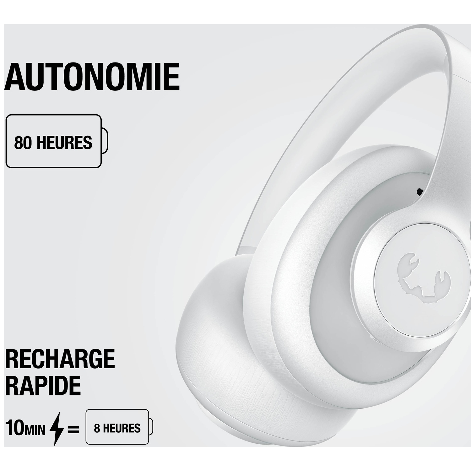 Casque blanc avec 80h d'autonomie et charge rapide.